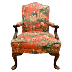 French Bergere Louis XV Chair With Red Chinoiserie Fabric