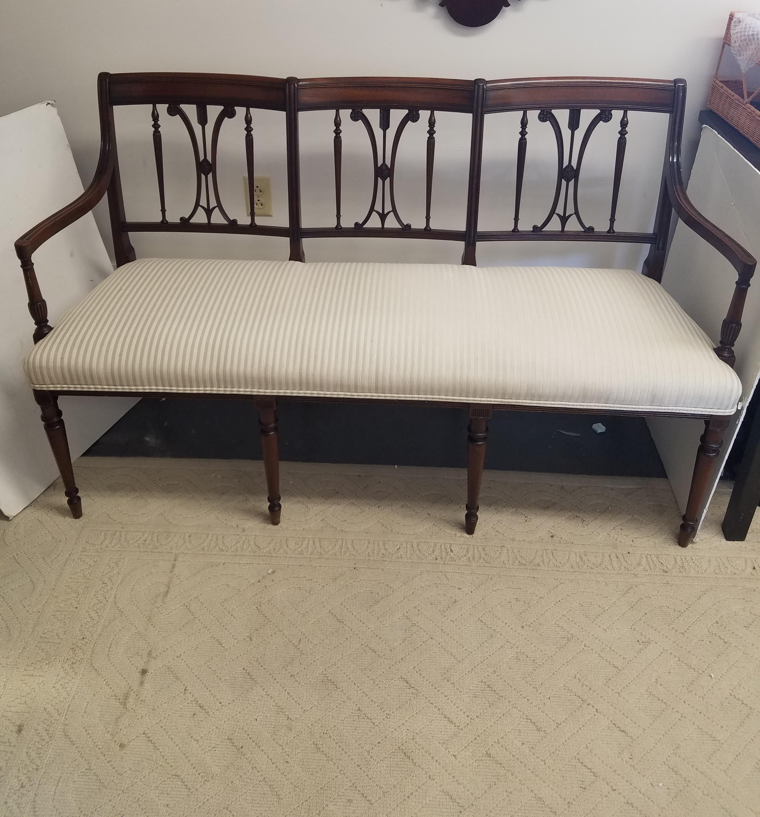 Mahogany Regency Style Triple Chair Back Settee with Upholstered Seat For Sale 1