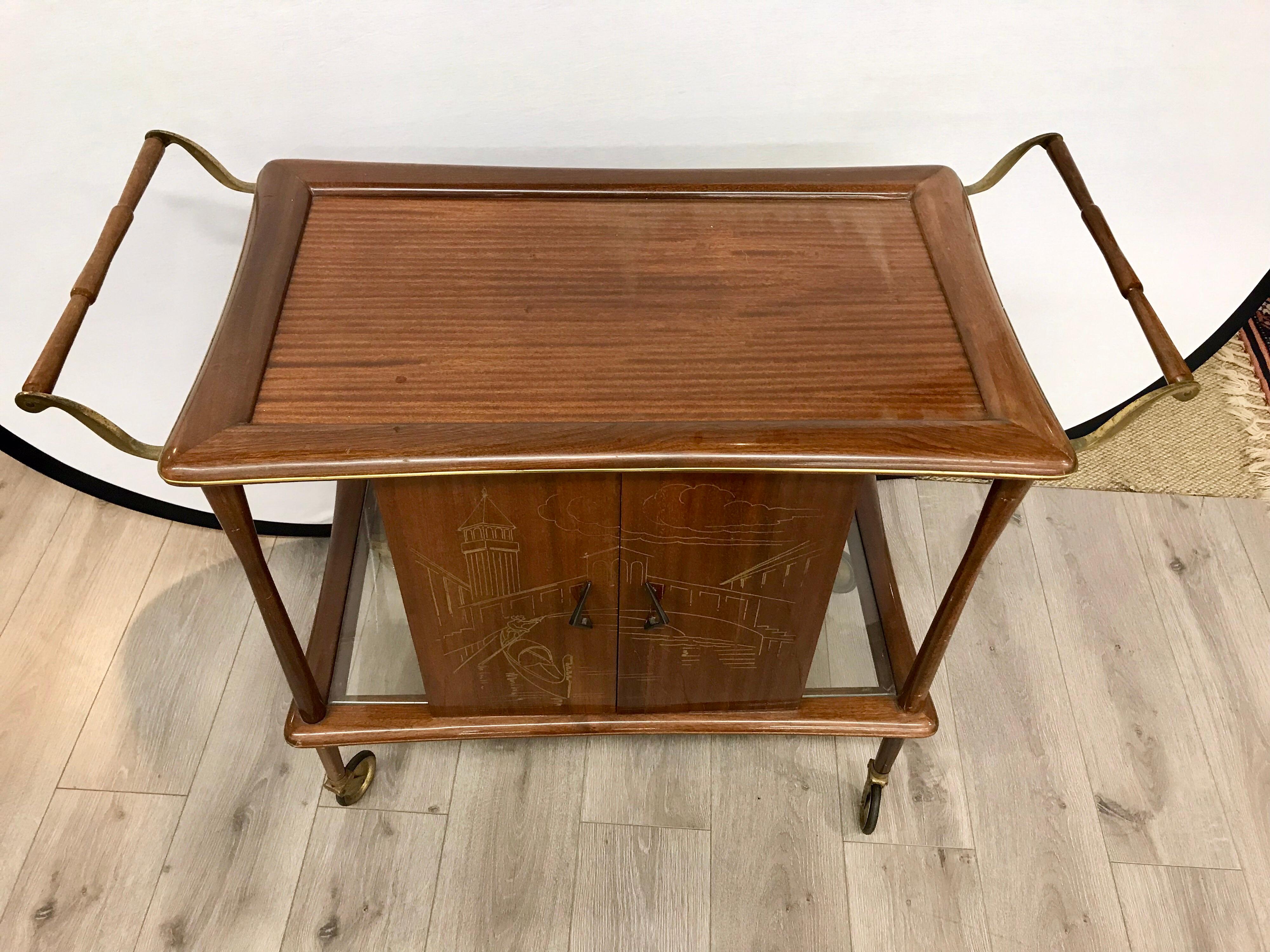 Mahogany Rolling Bar Cart Made in Italy Mid-Century Modern Bar Cart or Tea Cart In Good Condition In West Hartford, CT