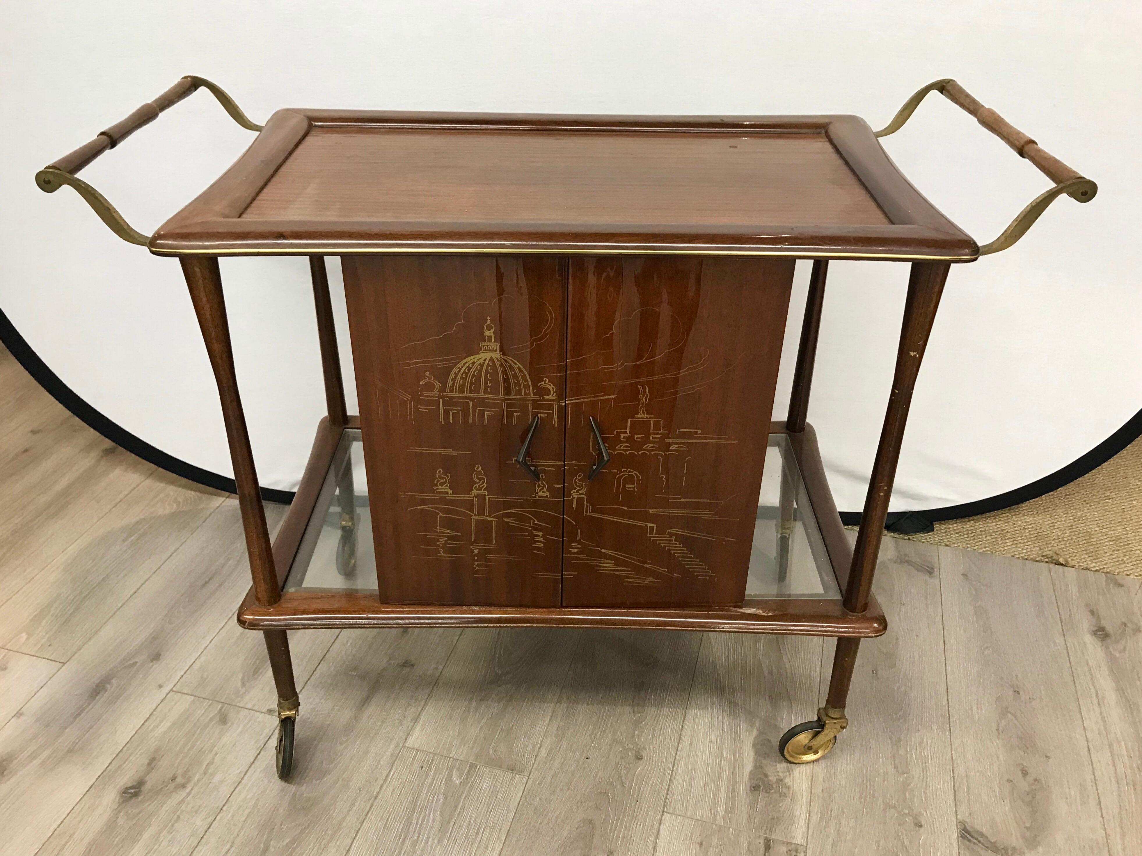 Mahogany Rolling Bar Cart Made in Italy Mid-Century Modern Bar Cart or Tea Cart 2