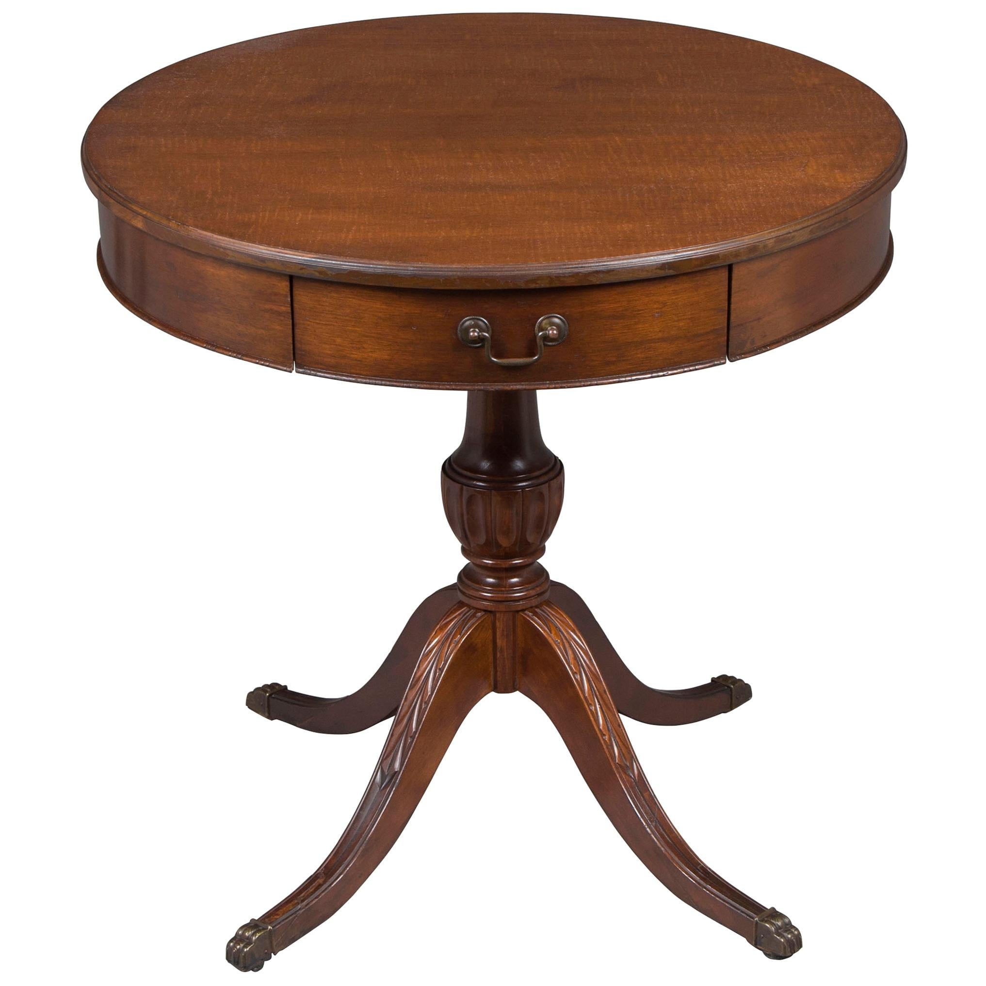 Mahogany Round Drum Side Table with Drawer For Sale