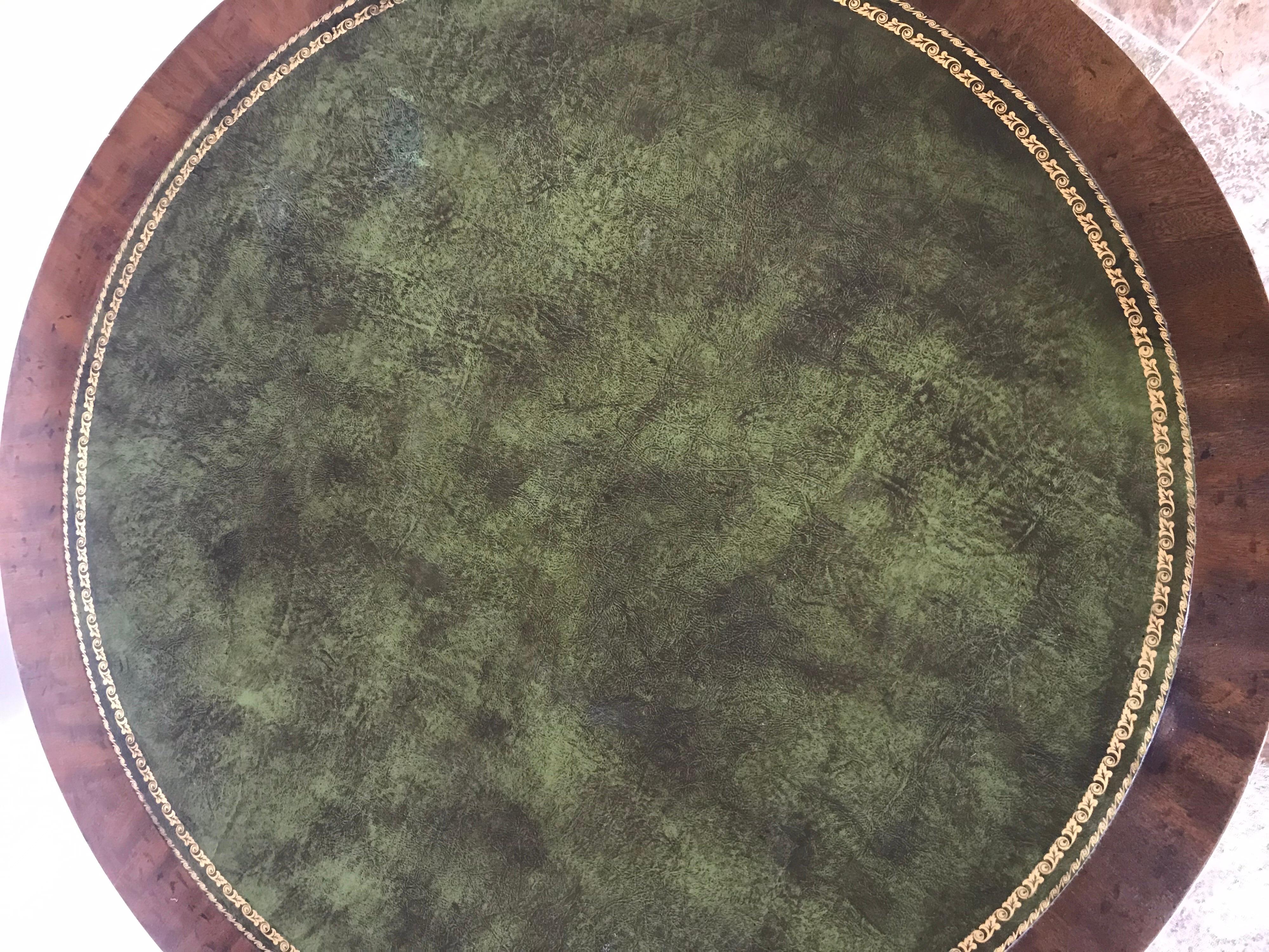 English Mahogany Round Game Table with Green Leather Top