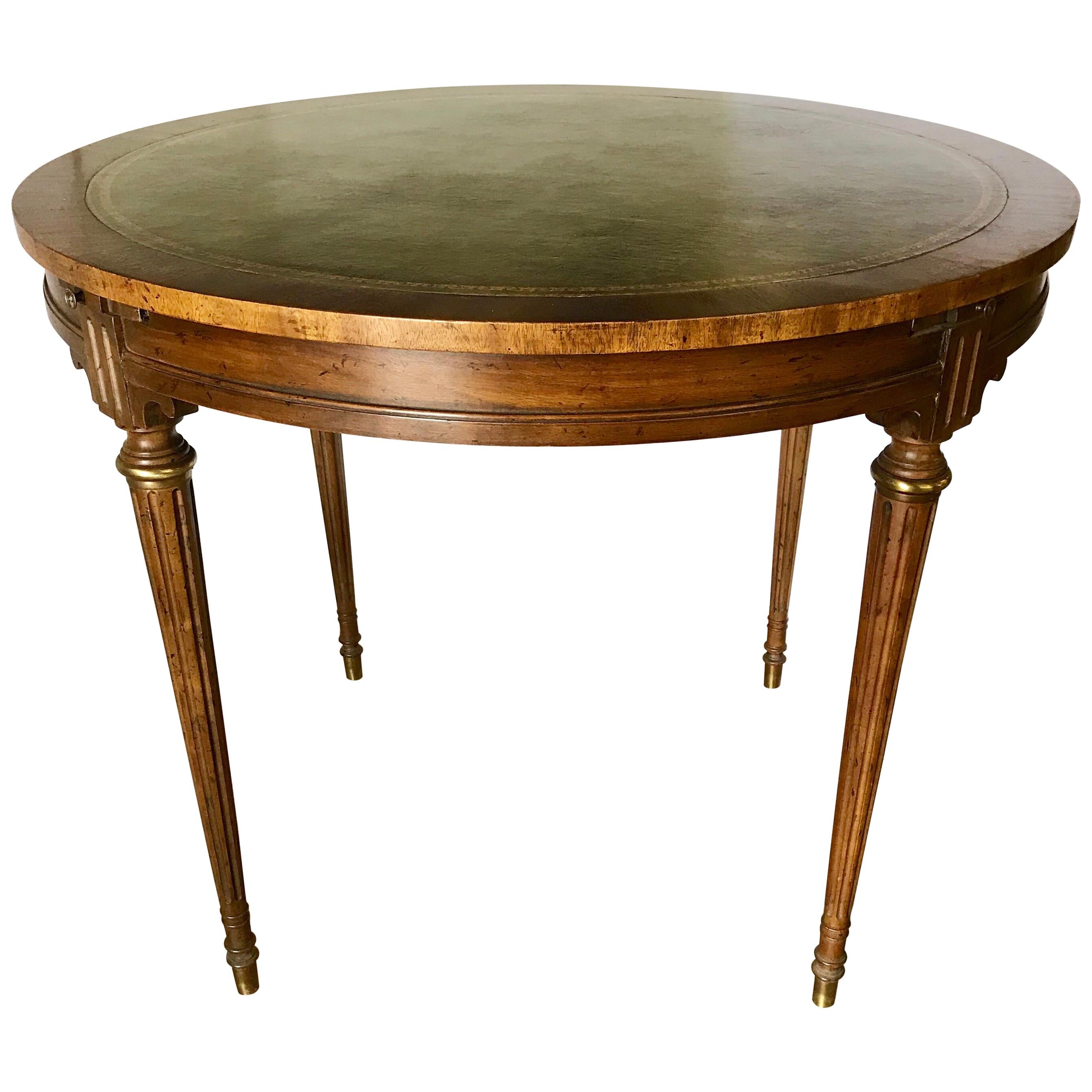 Mahogany Round Game Table with Green Leather Top 