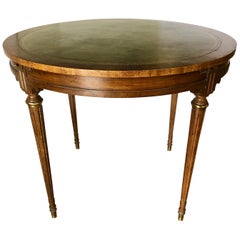 Antique Mahogany Round Game Table with Green Leather Top 