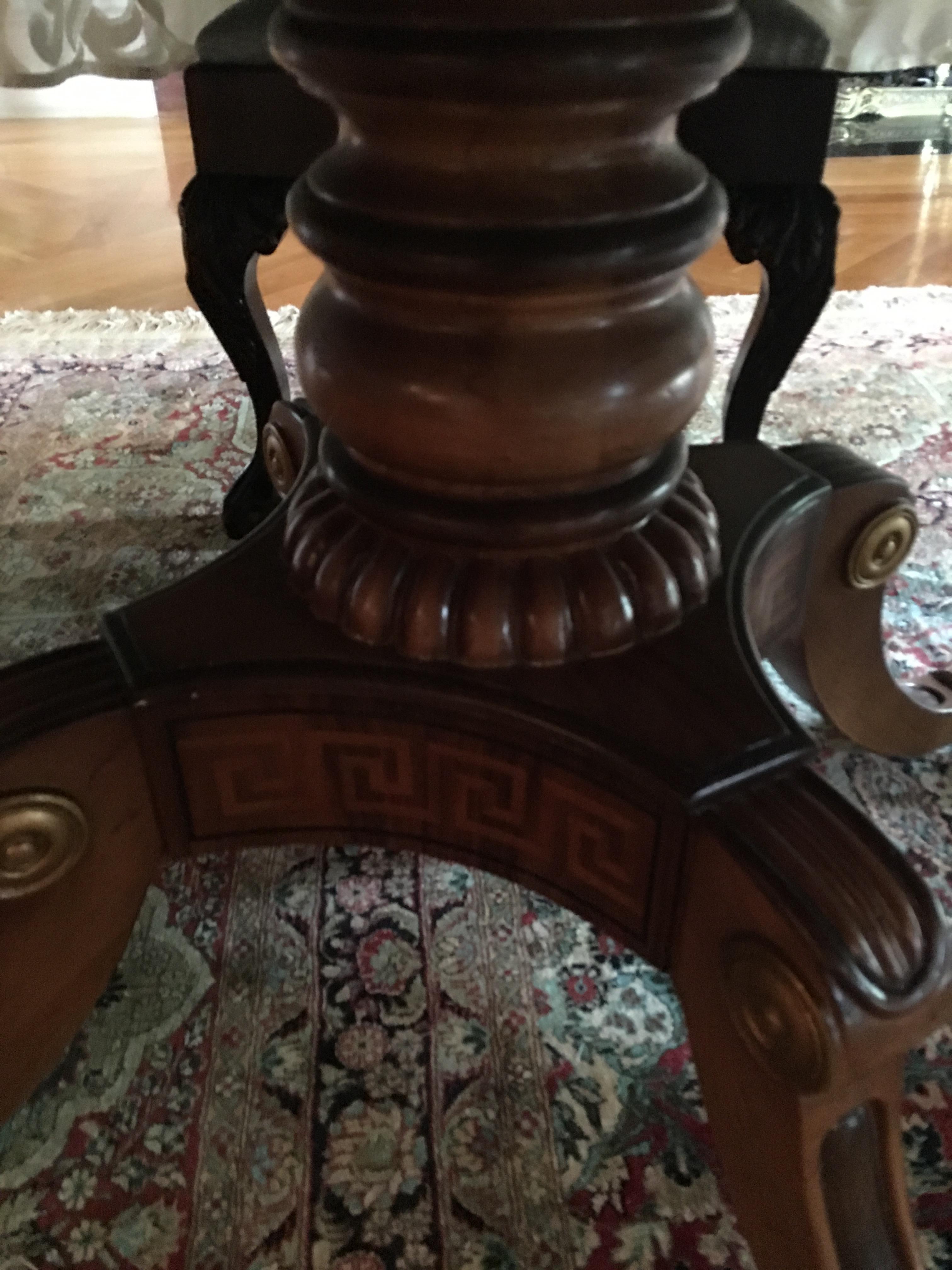 Mahogany Round Table with Greek Key Inlay on a Decorative Pedestal, 20th Century 1