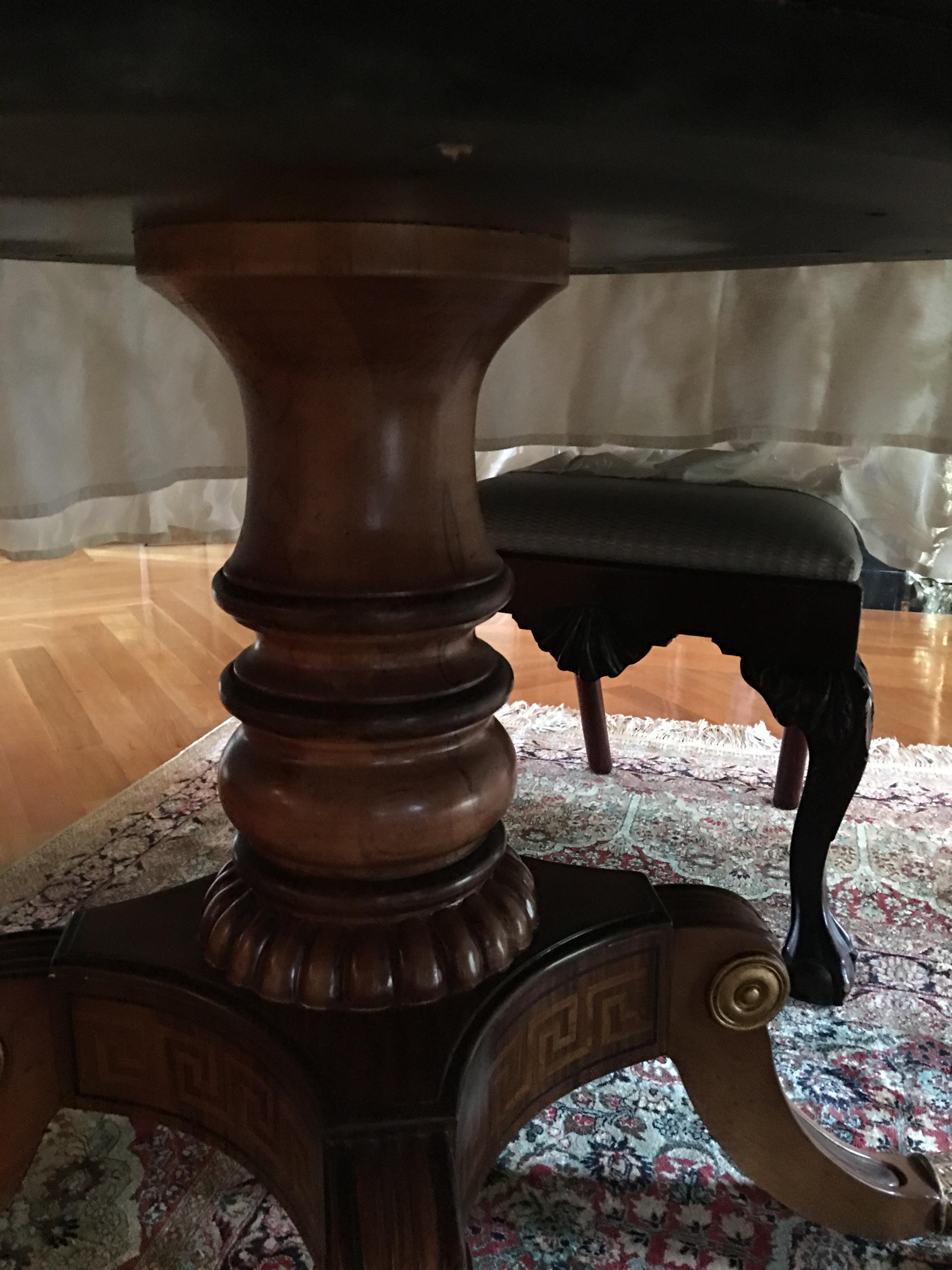 Mahogany Round Table with Greek Key Inlay on a Decorative Pedestal, 20th Century 3