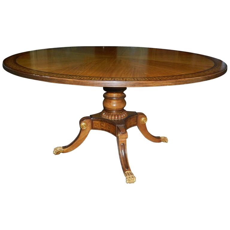 Mahogany Round Table with Greek Key Inlay on a Decorative Pedestal, 20th Century
