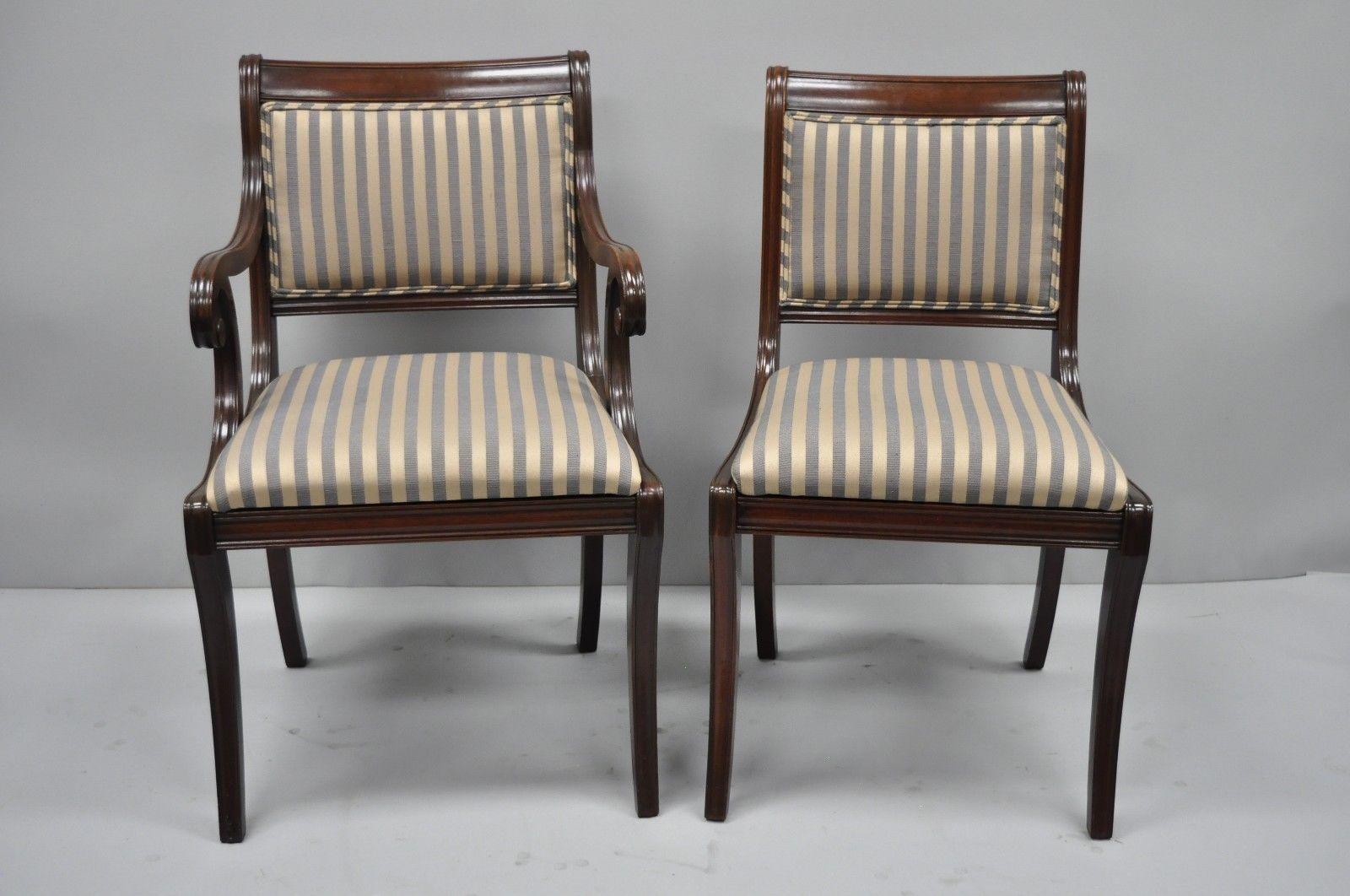 American Mahogany Saber Leg Regency Style Upholstered Dining Room Chairs Set of Six