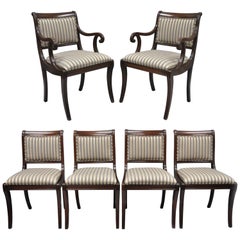 Mahogany Saber Leg Regency Style Upholstered Dining Room Chairs Set of Six