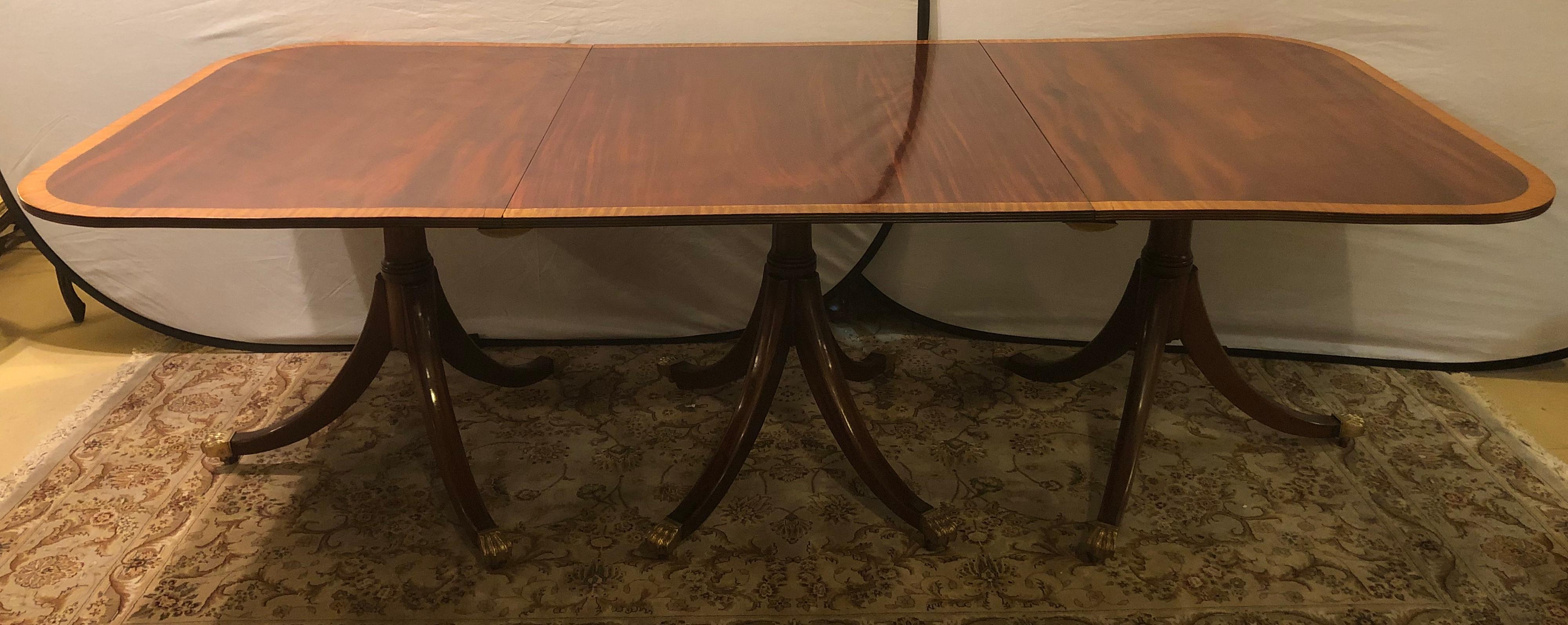 Mahogany Satinwood Banded Georgian Style Triple Pedestal Dining Table 2