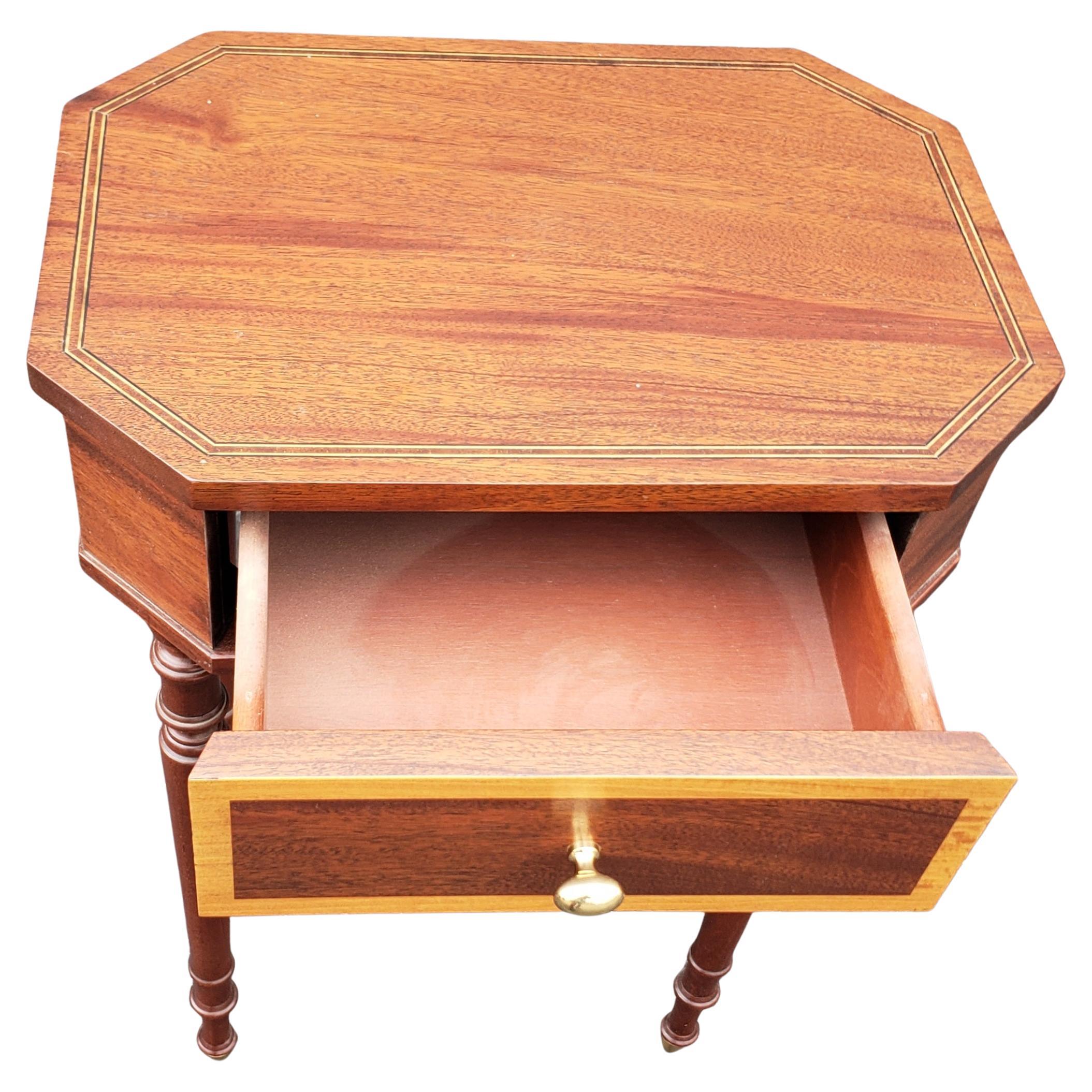 American  Mahogany Satinwood Banded Inlay Inlay Single Drawer Side Table on Wheels For Sale