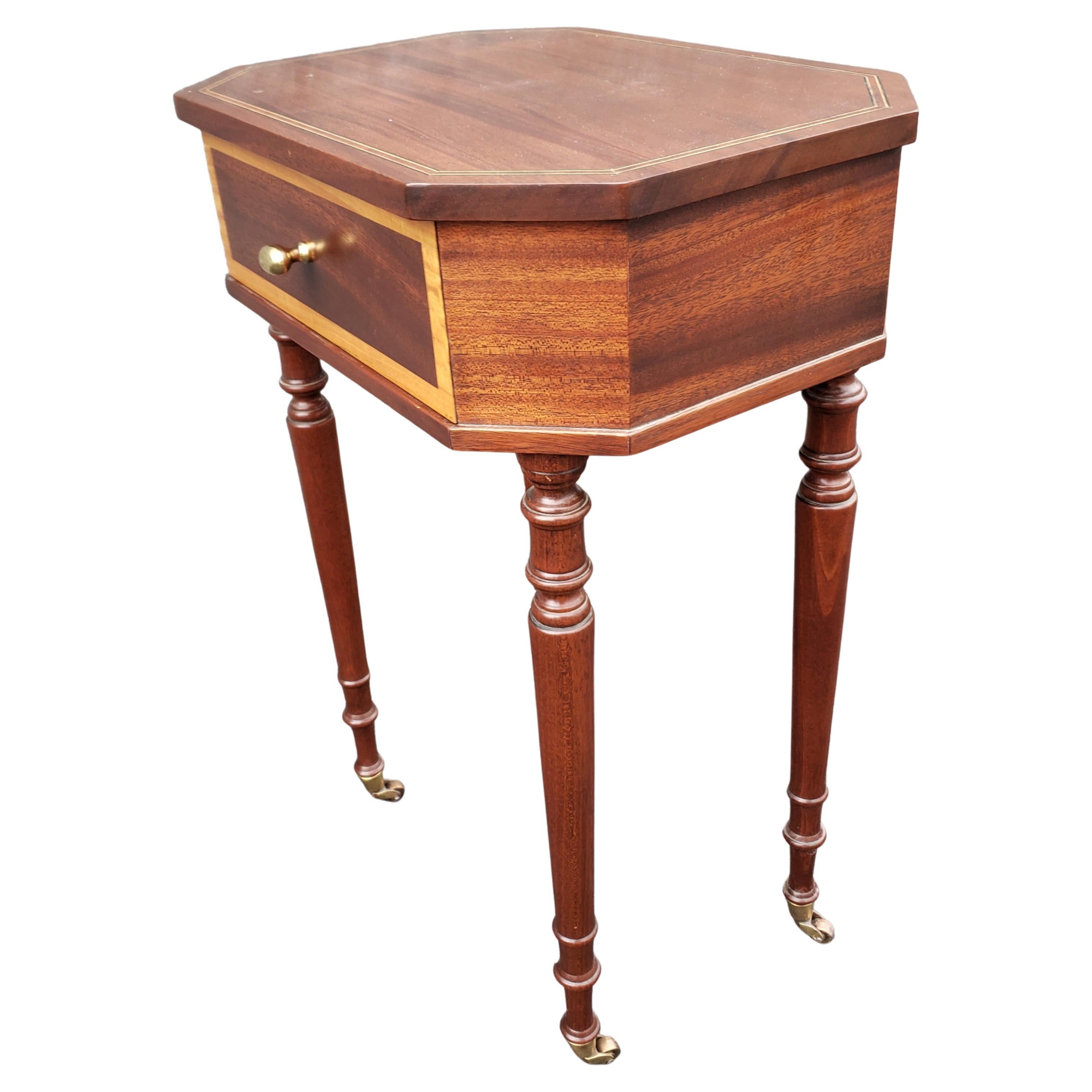 20th Century  Mahogany Satinwood Banded Inlay Inlay Single Drawer Side Table on Wheels For Sale
