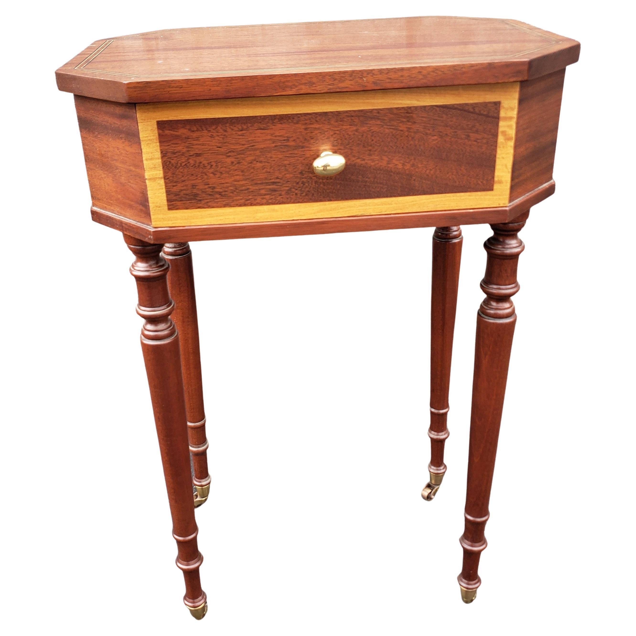  Mahogany Satinwood Banded Inlay Inlay Single Drawer Side Table on Wheels For Sale
