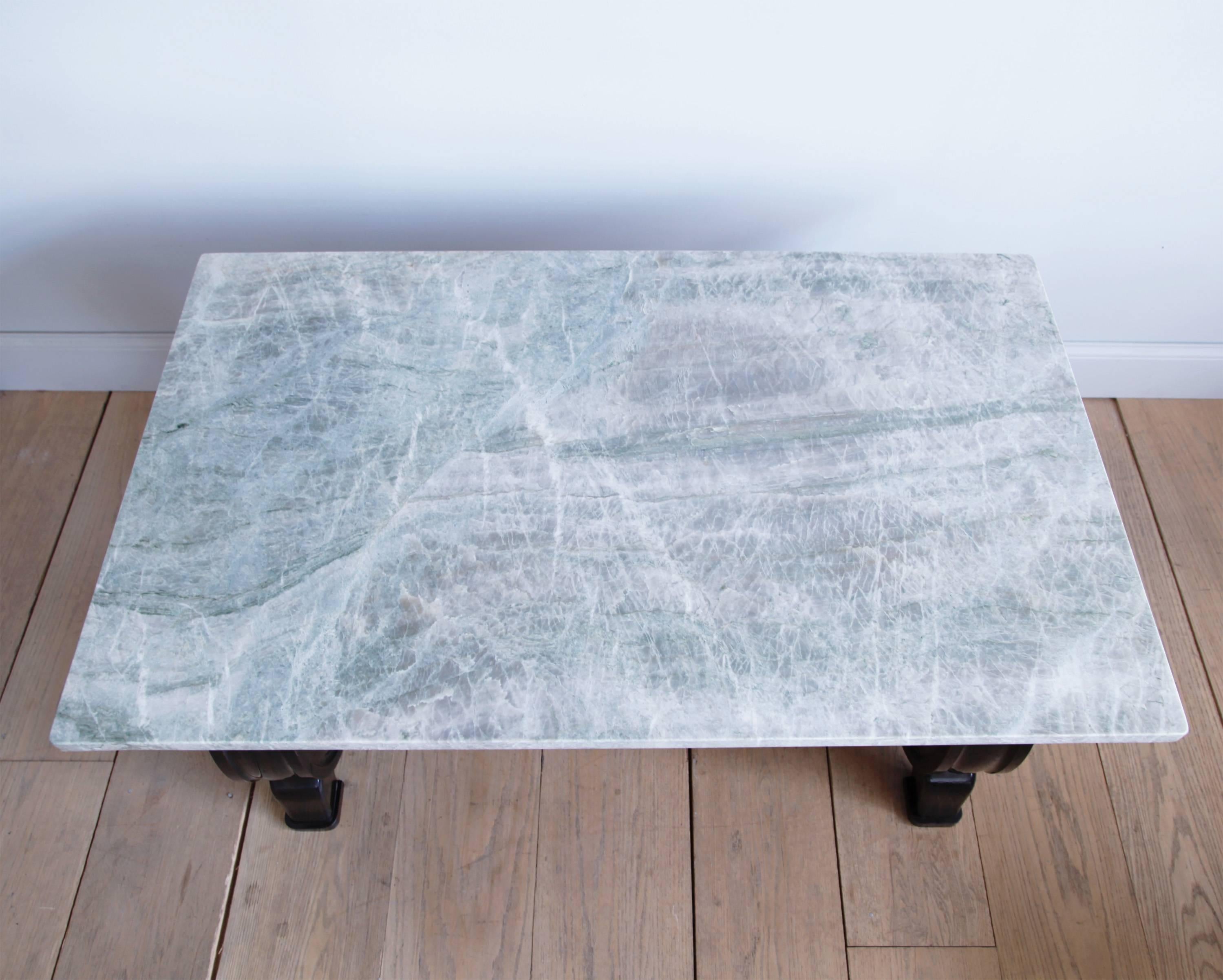 Art Deco Mahogany Scroll-Base Table with Brazilian Quartz Top For Sale
