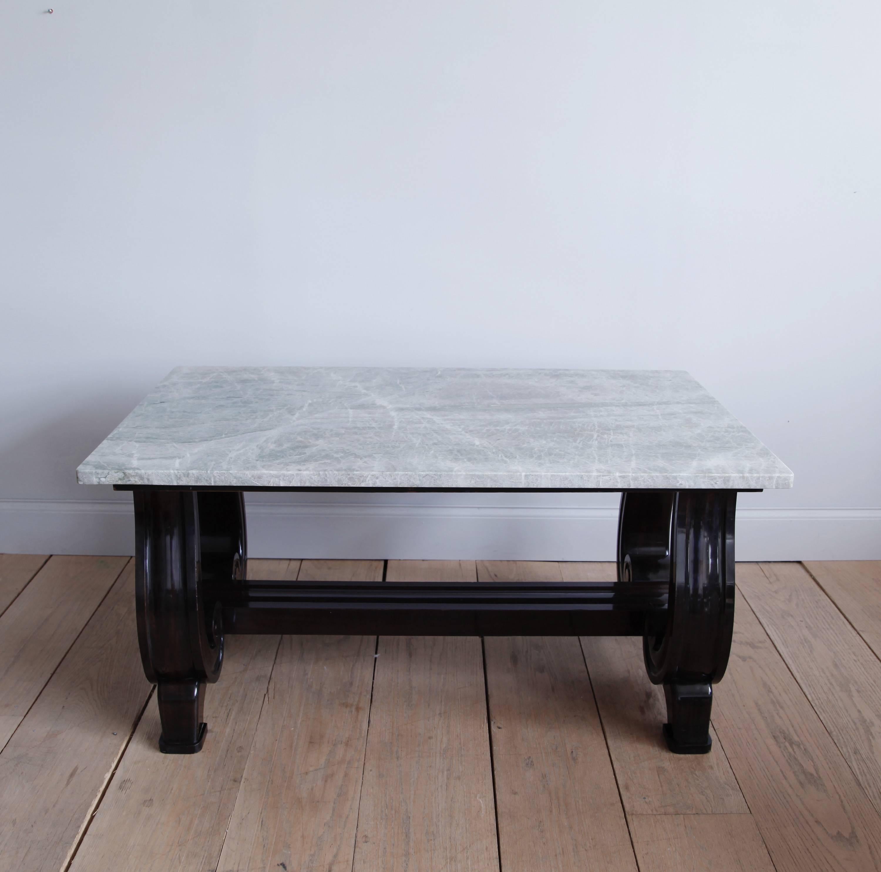 French Mahogany Scroll-Base Table with Brazilian Quartz Top For Sale