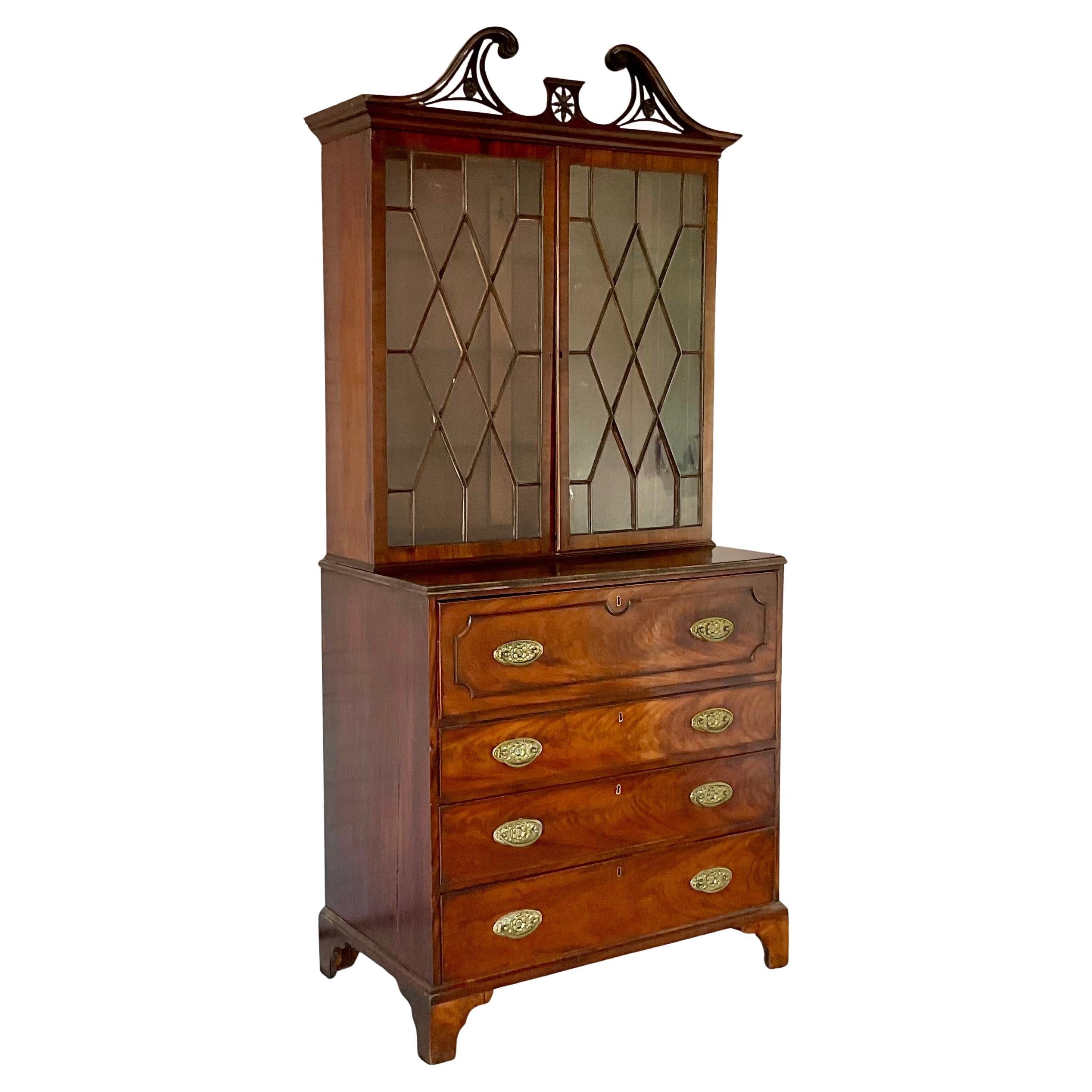 English Mahogany Secretaire Bookcase, George III Style For Sale