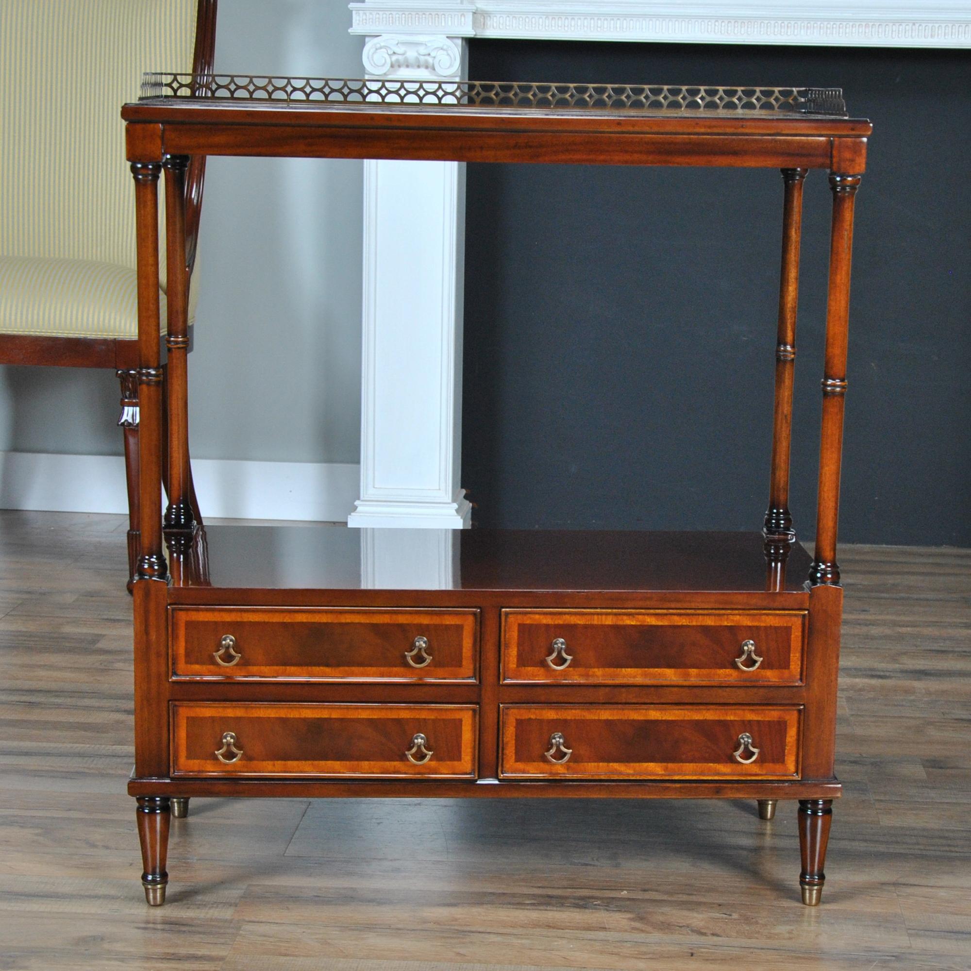 This beautiful Mahogany Serving Table is a great addition in the dining room. As a serving cart it features a brass gallery and fitted brass feet as well. Four satin wood banded drawers provide hidden storage while the shelf below and above are for