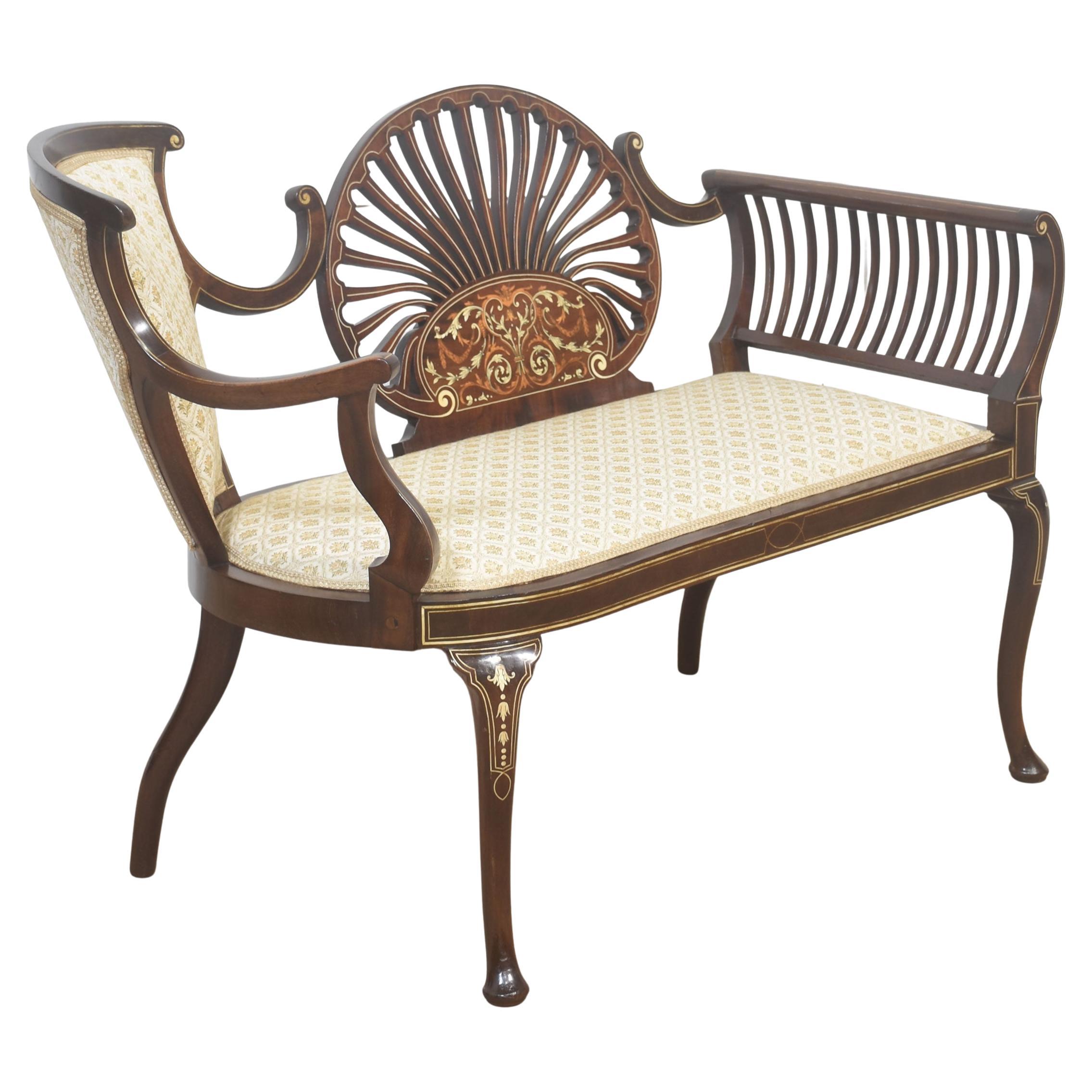 Mahogany Settee with Fan Back and Floral Marquetry For Sale