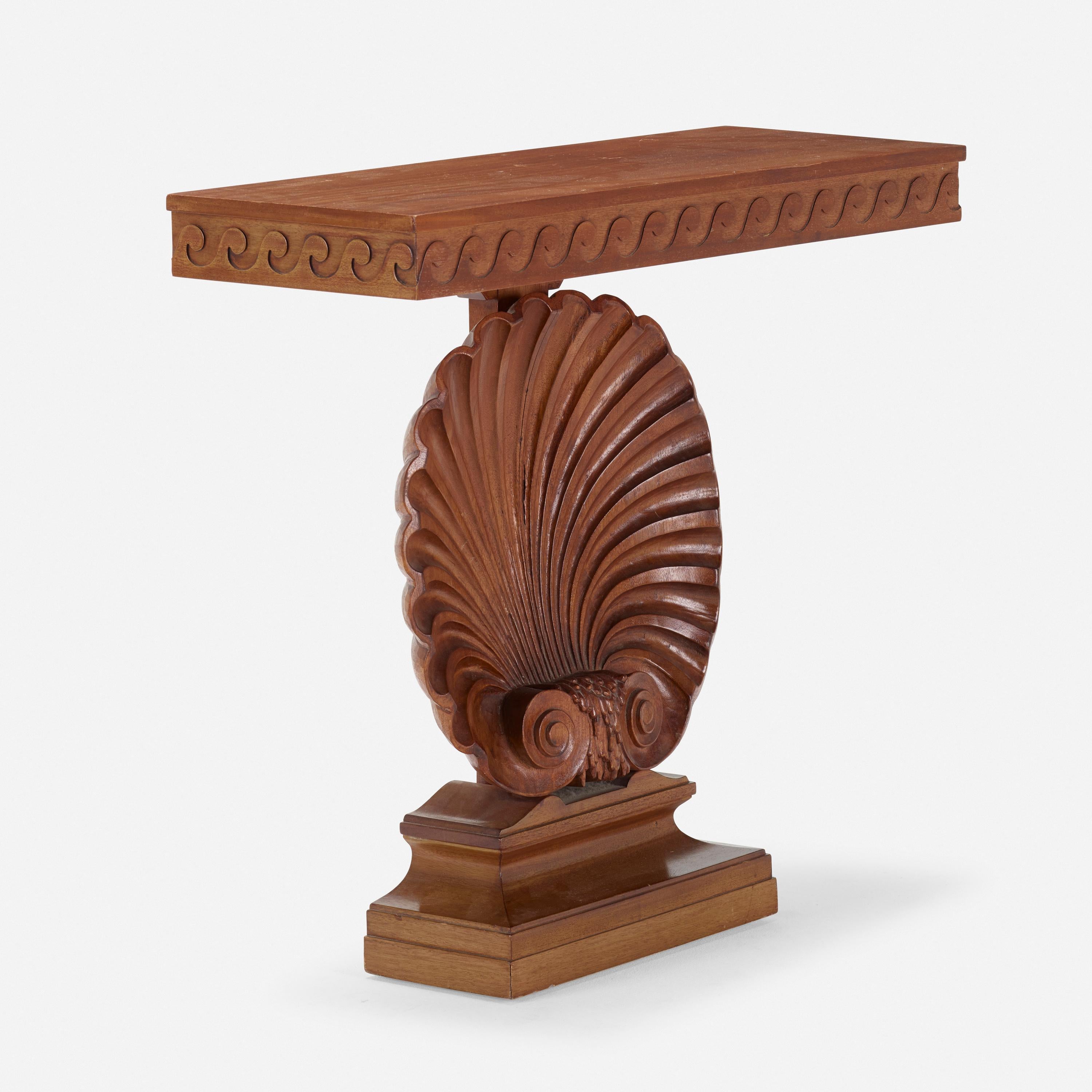 Mahogany shell console table model #3050 by Edward Wormley for Dunbar
with stappled label: 