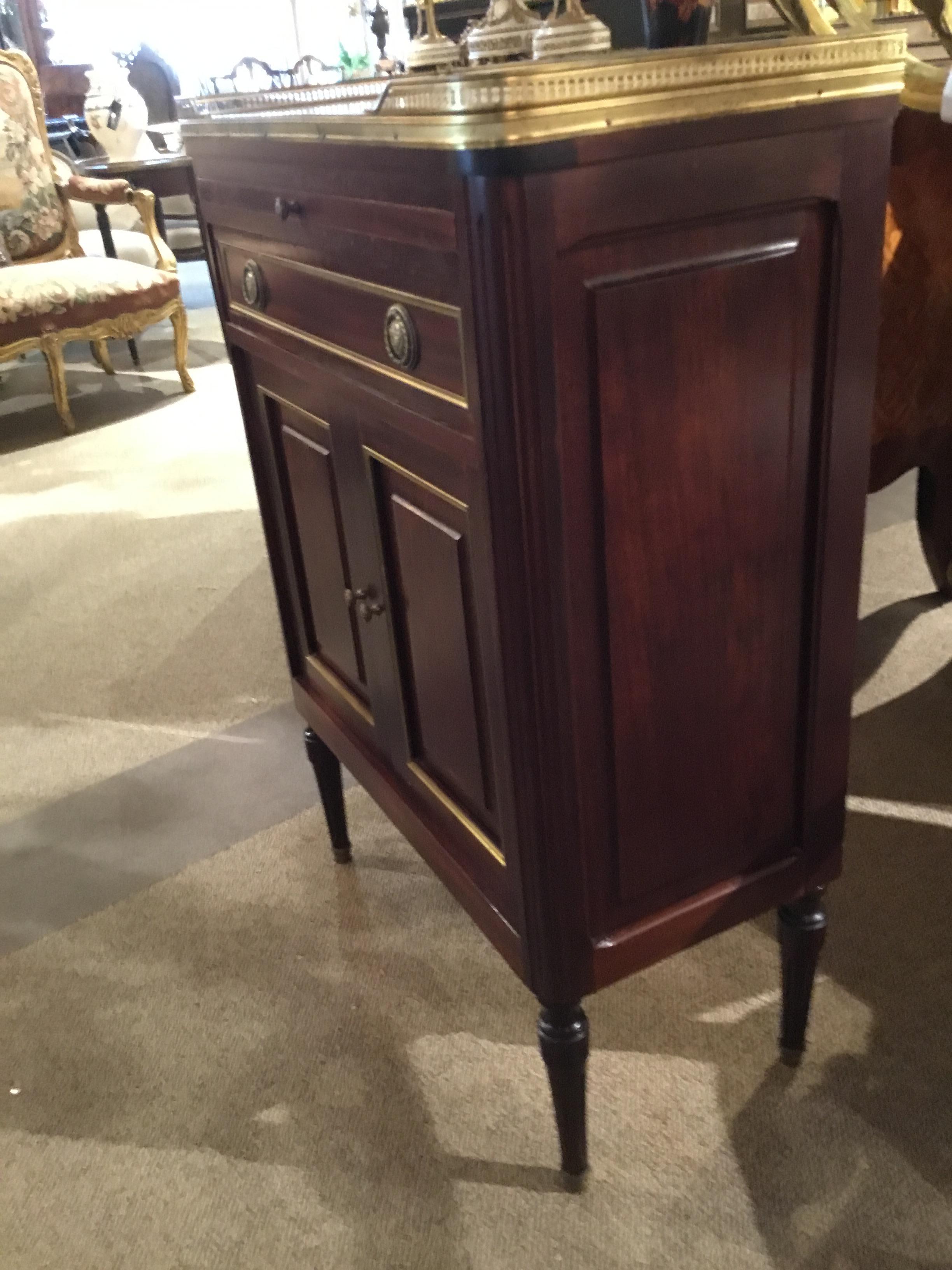 Mahogany Side Cabinet, 19th Century White and Gray Marble with Desk Pull Out In Good Condition In Houston, TX