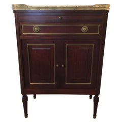 Antique Mahogany Side Cabinet, 19th Century White and Gray Marble with Desk Pull Out