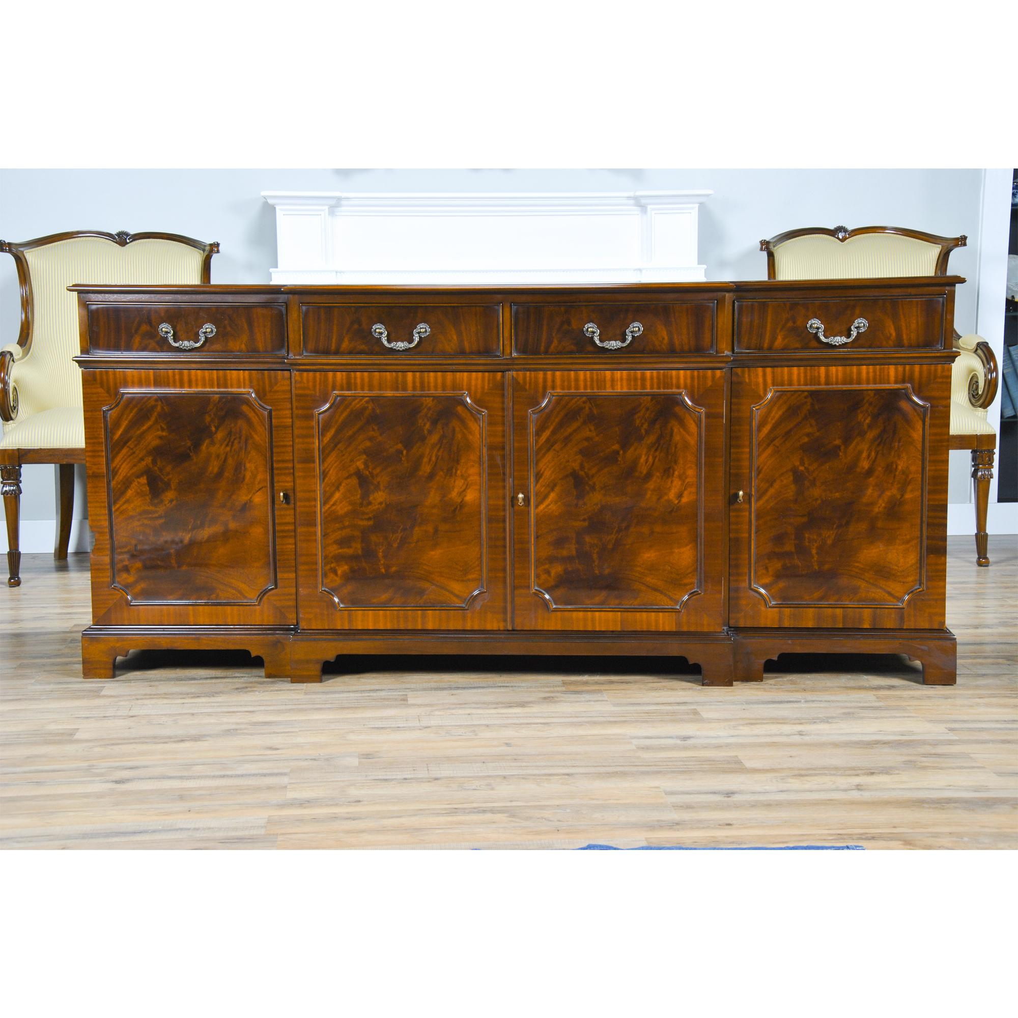 This Mahogany Sideboard or buffet from Niagara Furniture has a great amount of storage space. Produced using the finest quality veneers and solid mahogany woods this item is a perfect compliment to several of our breakfront china closets which can