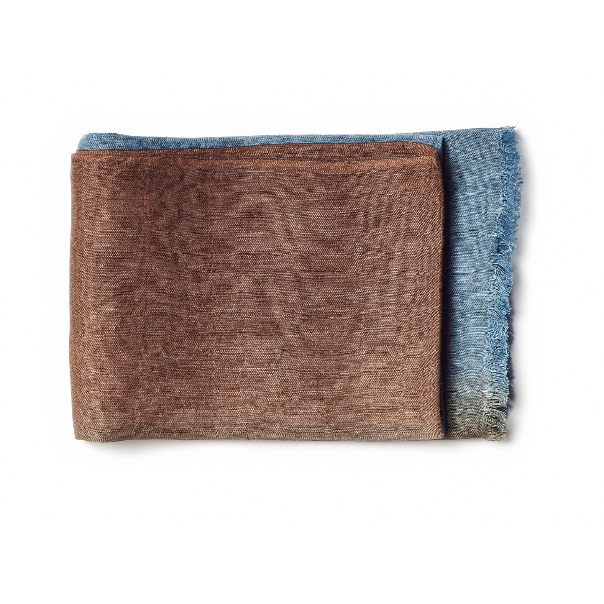 Mahogany Sky Ombre Soft Linen Silk Handloom Modern Artisanal Scarf Brown & Blue For Sale 2