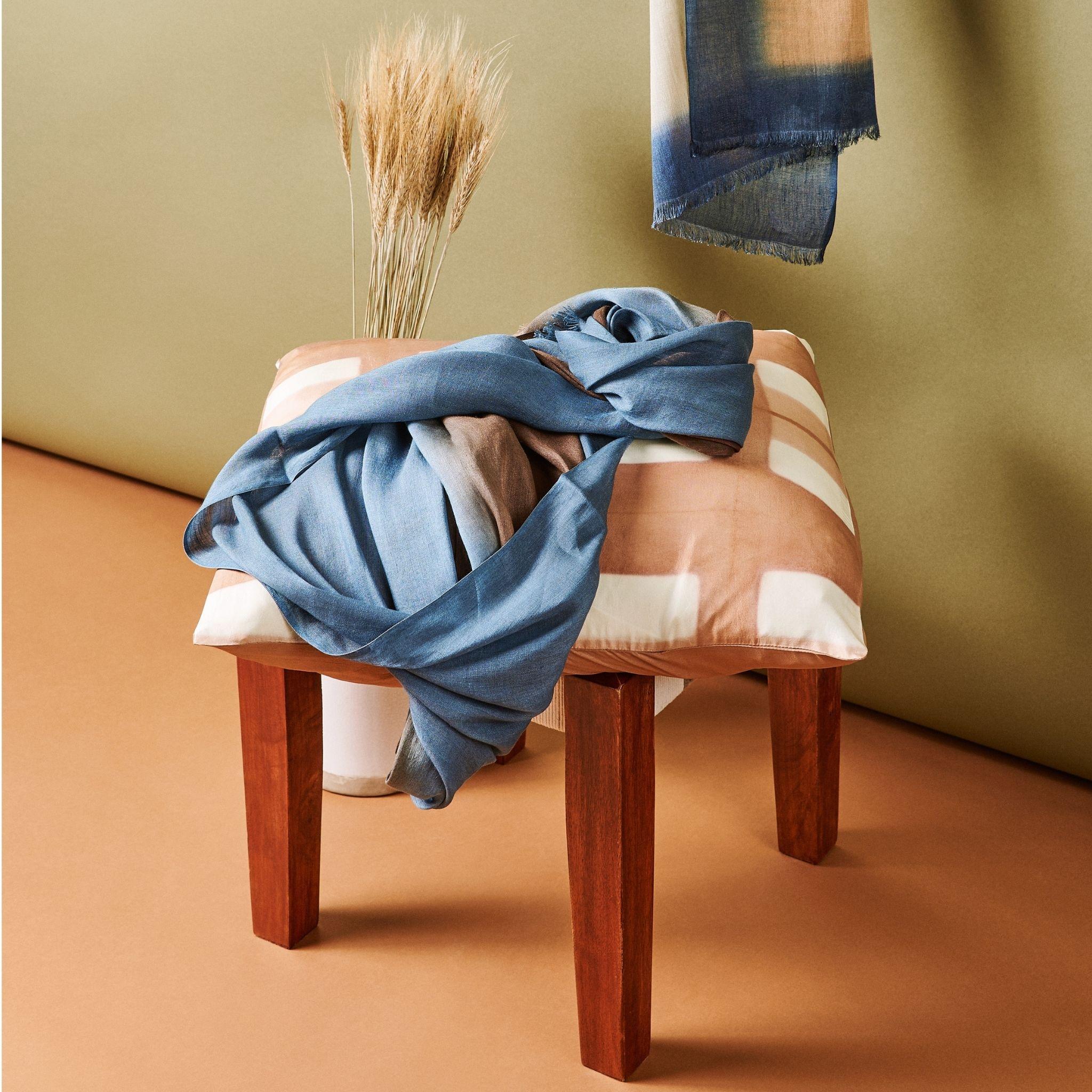 Mahogany Sky Ombre Soft Linen Silk Handloom Modern Artisanal Scarf Brown & Blue In New Condition For Sale In Bloomfield Hills, MI