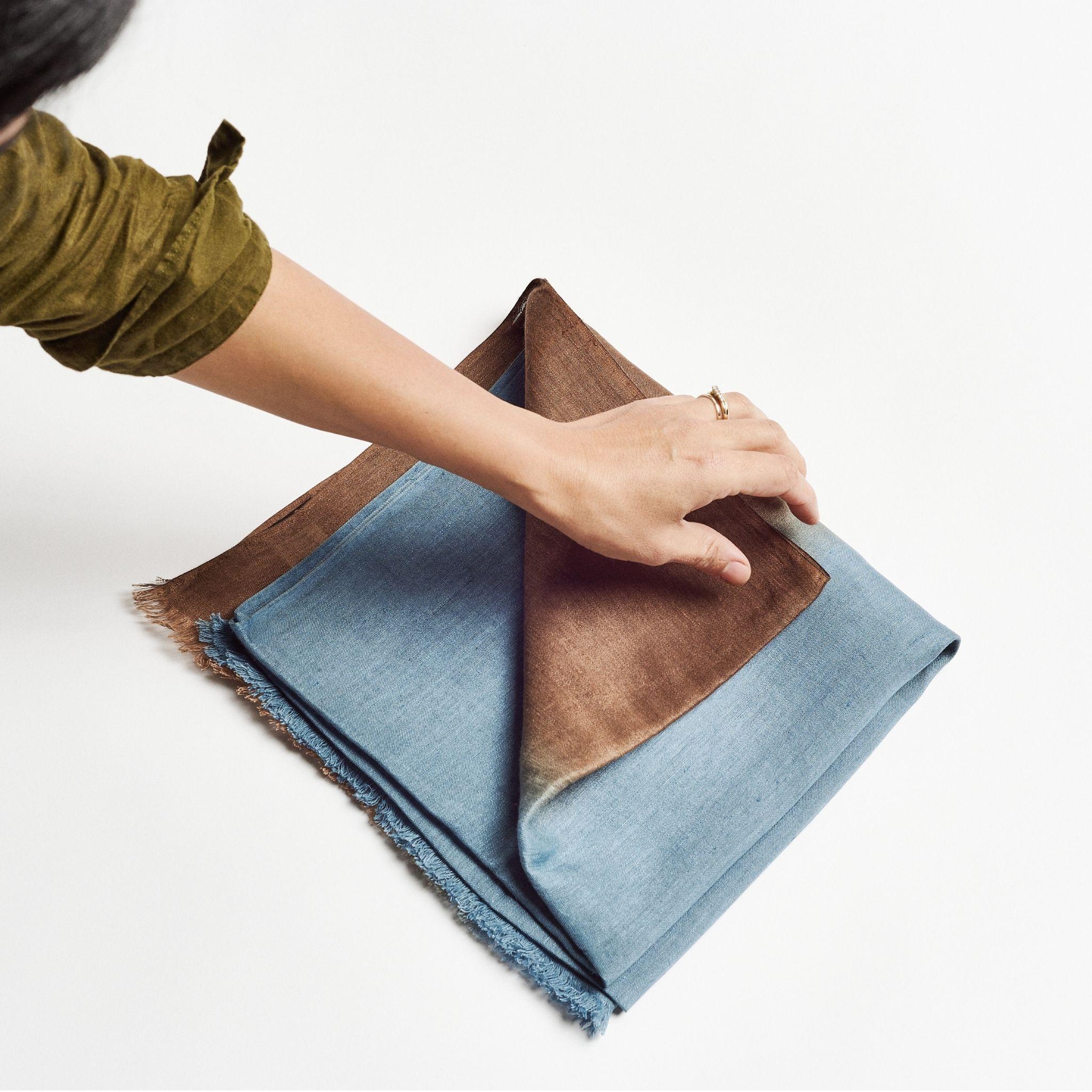 Women's or Men's Mahogany Sky Ombre Soft Linen Silk Handloom Modern Artisanal Scarf Brown & Blue For Sale