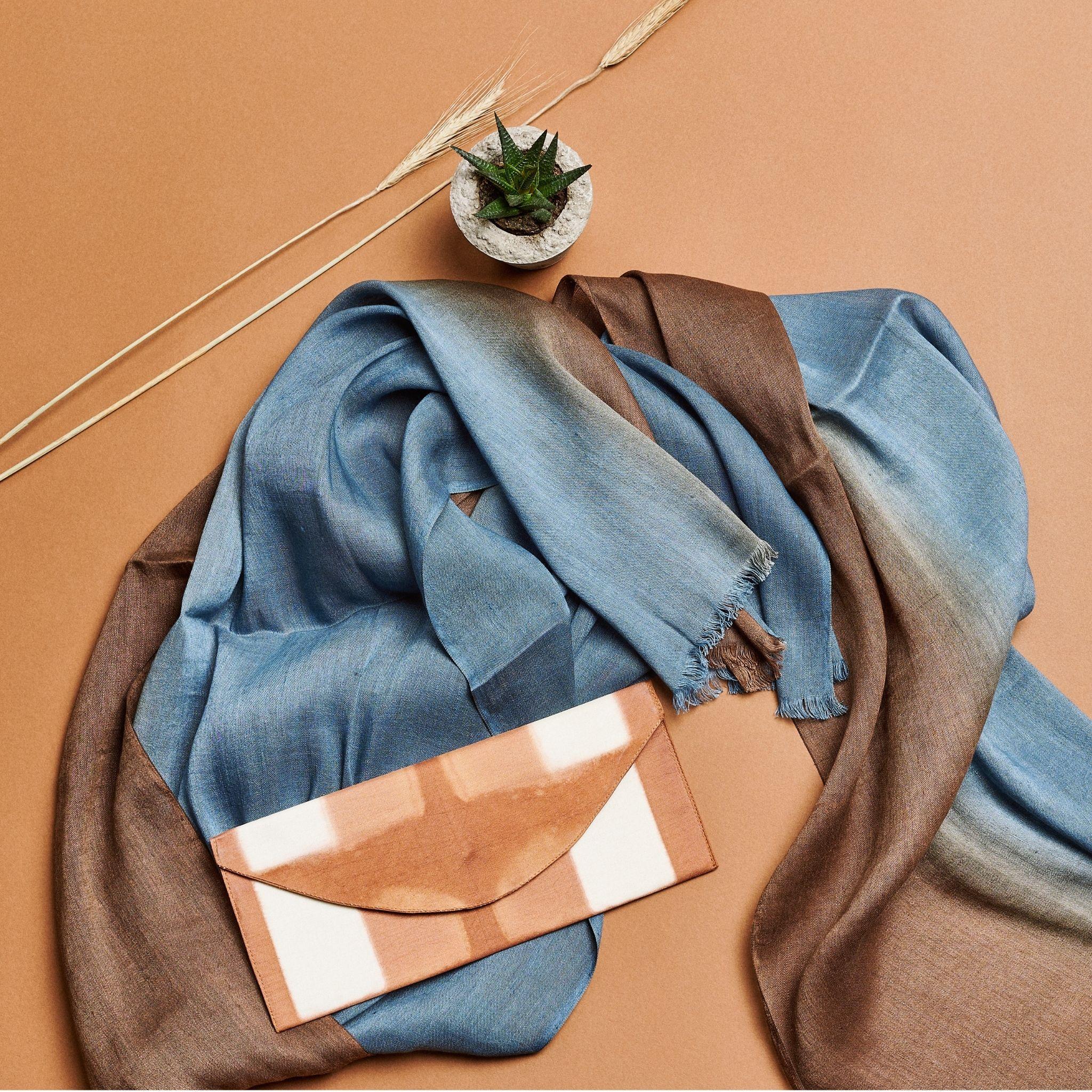 Gray Mahogany Sky Ombre Soft Linen Silk Handloom Modern Artisanal Scarf Brown & Blue For Sale