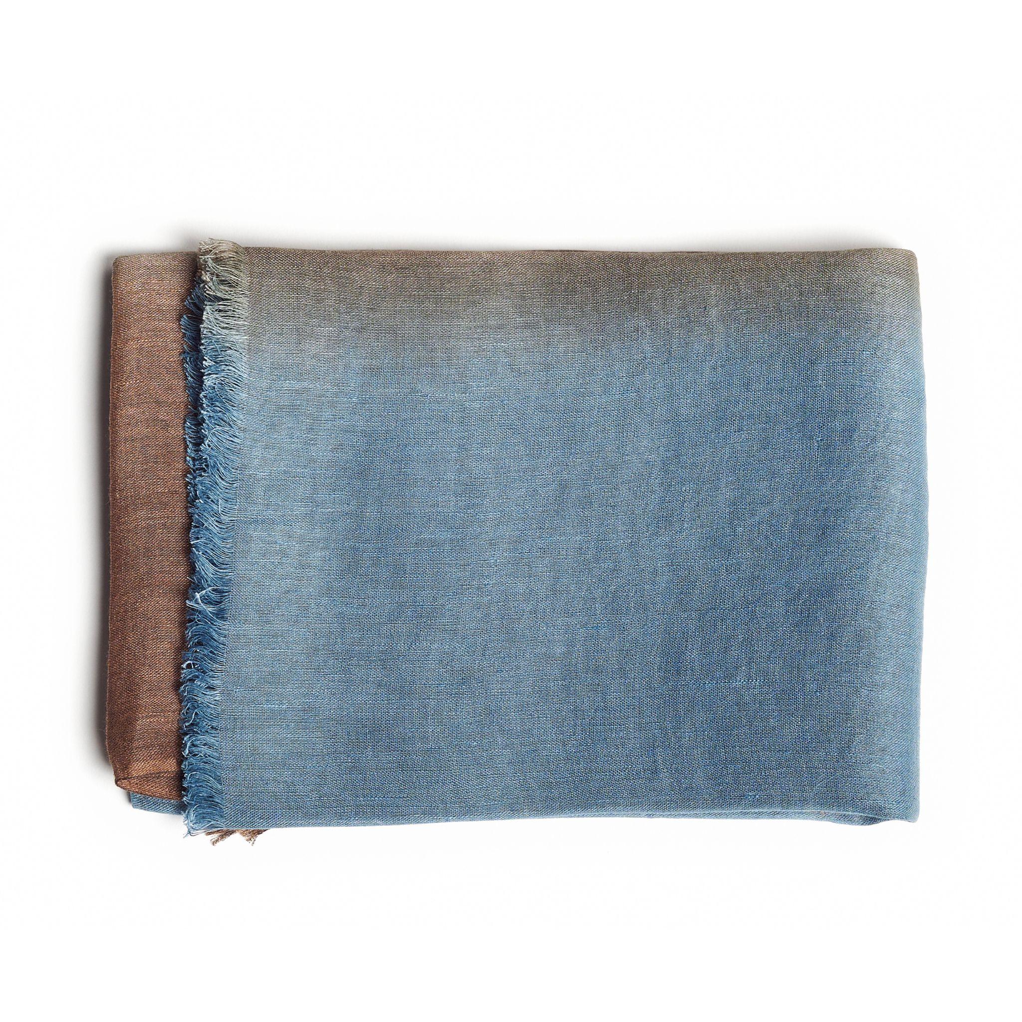 Mahogany Sky Ombre Soft Linen Silk Handloom Modern Artisanal Scarf Brown & Blue For Sale 3