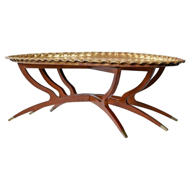 Mahogany Spider Leg Base Boho Moroccan Style Brass Tray Coffee Table at