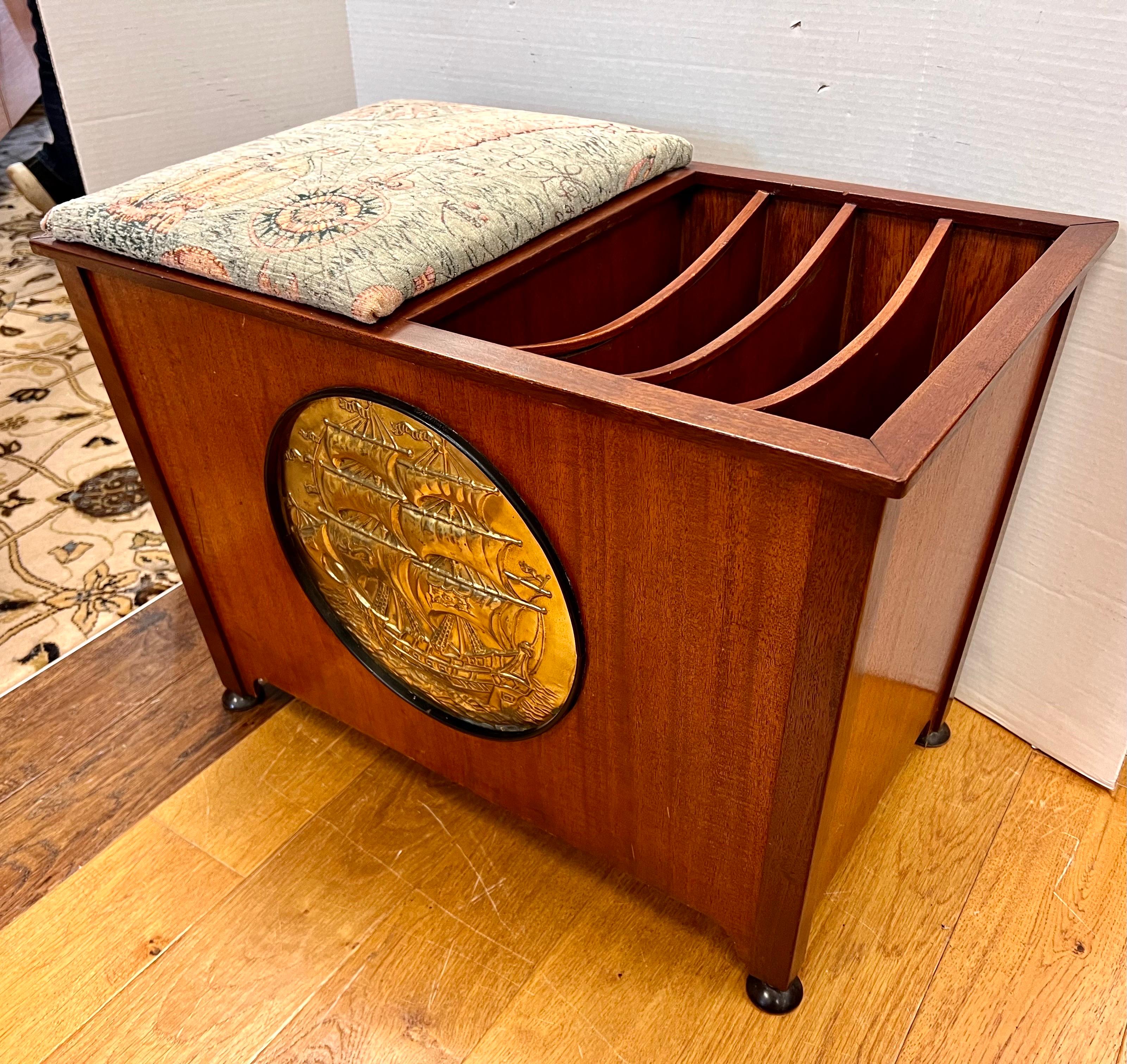 American Mahogany Storage Bench  and Magazine Rack with Rae Brass Insert For Sale