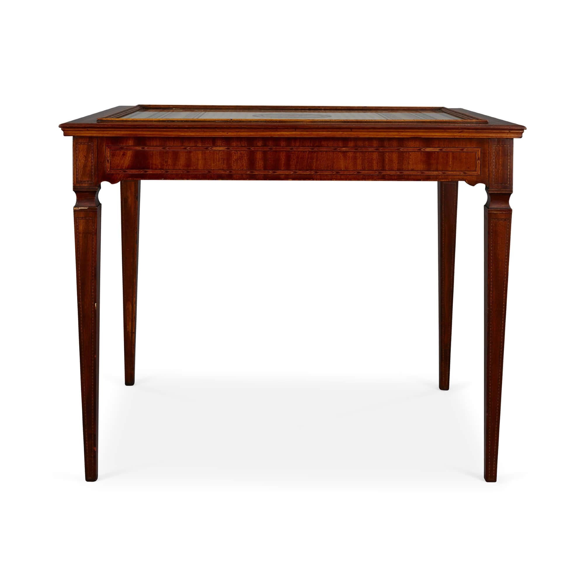 French Mahogany, sycamore, and silk marquetry inlay centre table For Sale