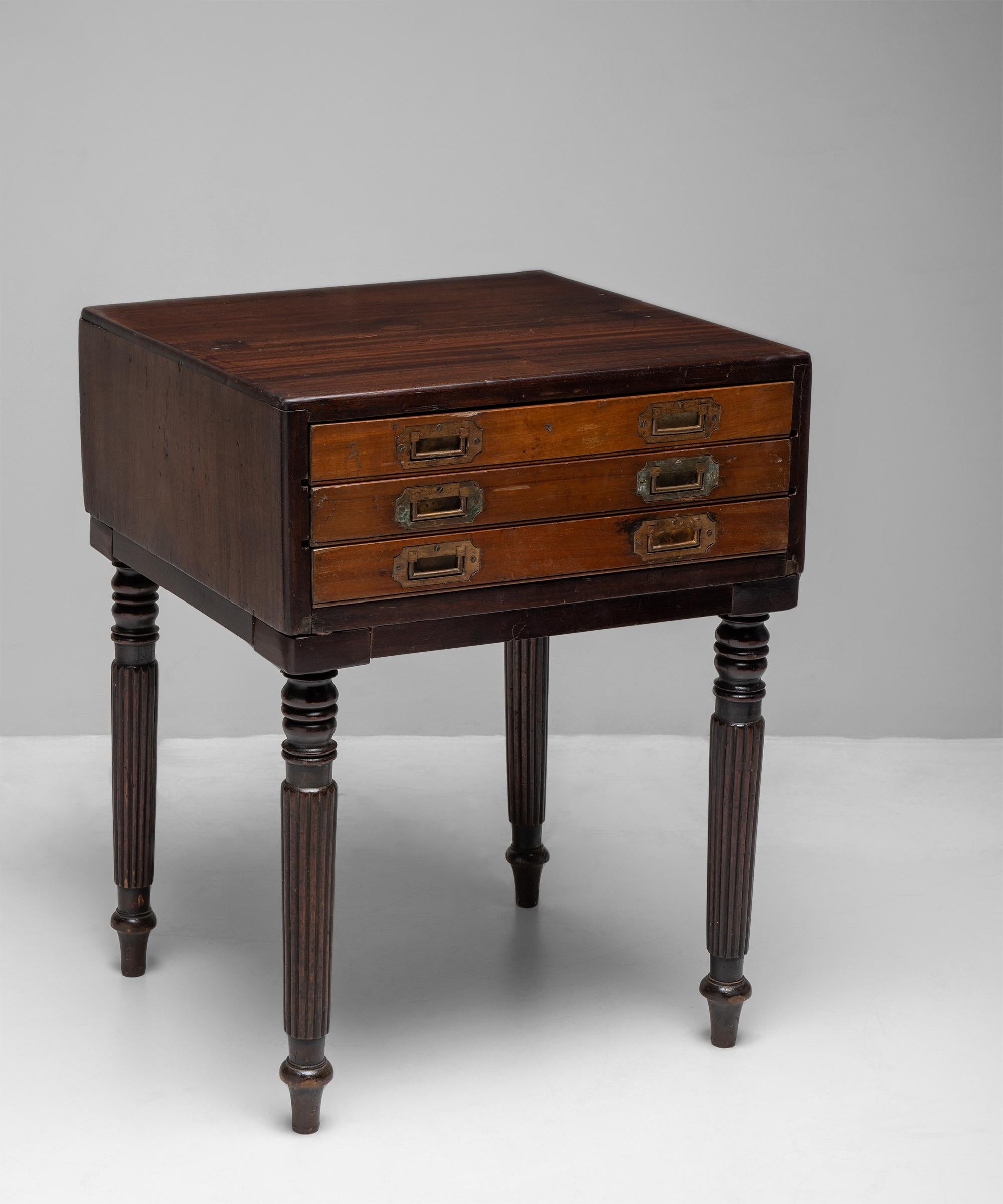 Mahogany & teak collectors cabinet

England circa 1850

Collectors cabinet for displaying curios or jewelry. Each drawer has 100 slots. The turned legs are a later edition. Original brass pulls.

Measures: 22” W x 21” D x 29” H.