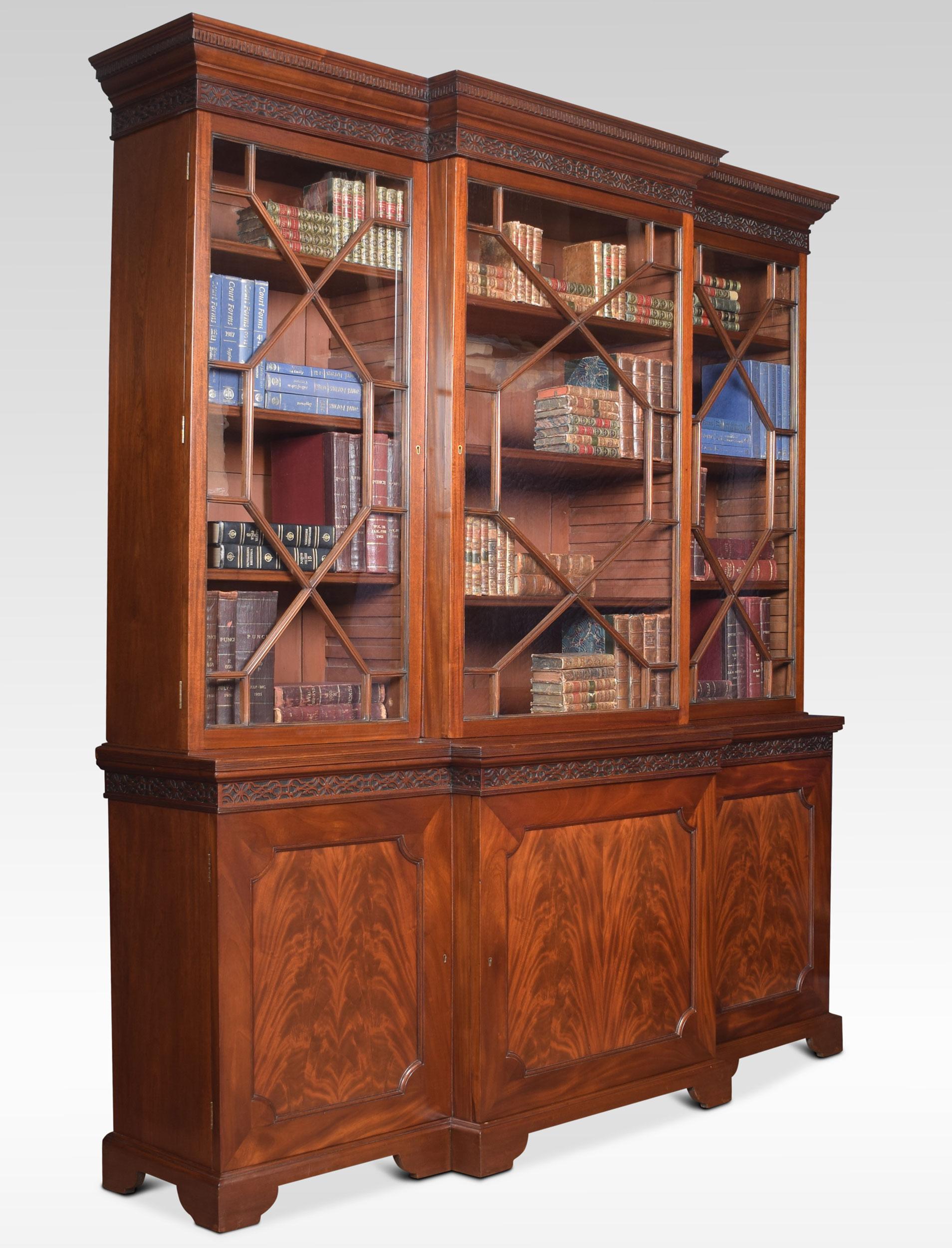 British Mahogany Three-Door Breakfront Library Bookcase
