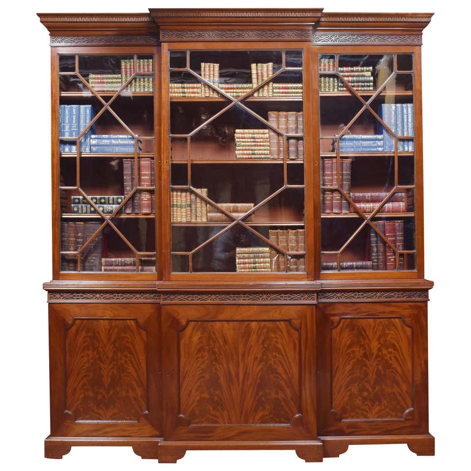 Mahogany Three-Door Breakfront Library Bookcase For Sale at 1stDibs