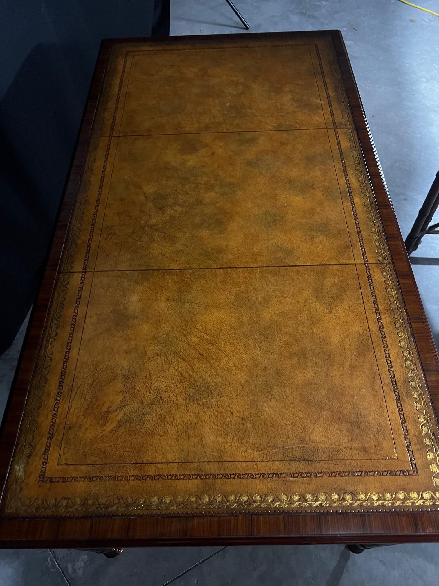 Mahogany Three Drawer Embossed Leather Top Writing Desk by Maitland Smith 7