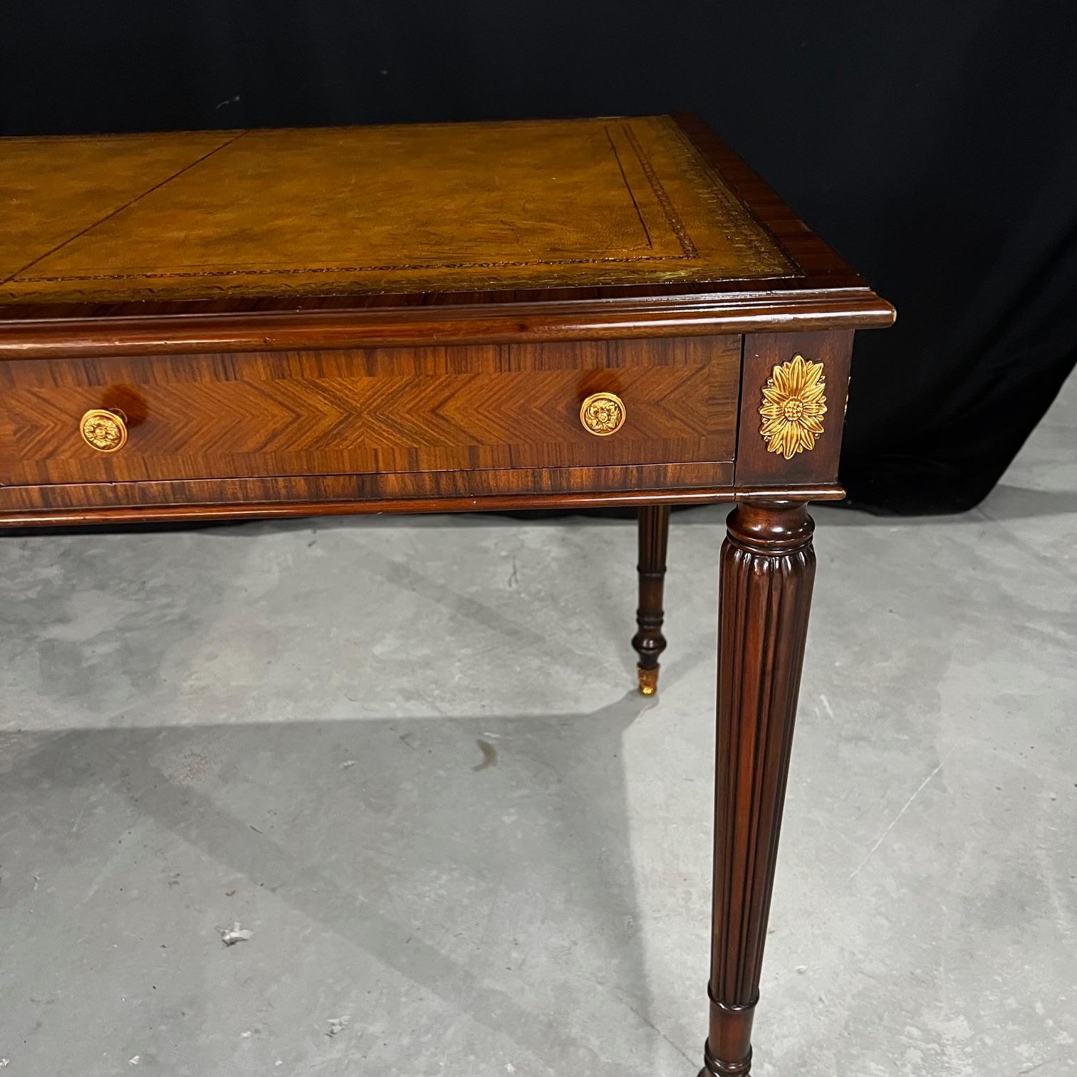 Regency Mahogany Three Drawer Embossed Leather Top Writing Desk by Maitland Smith