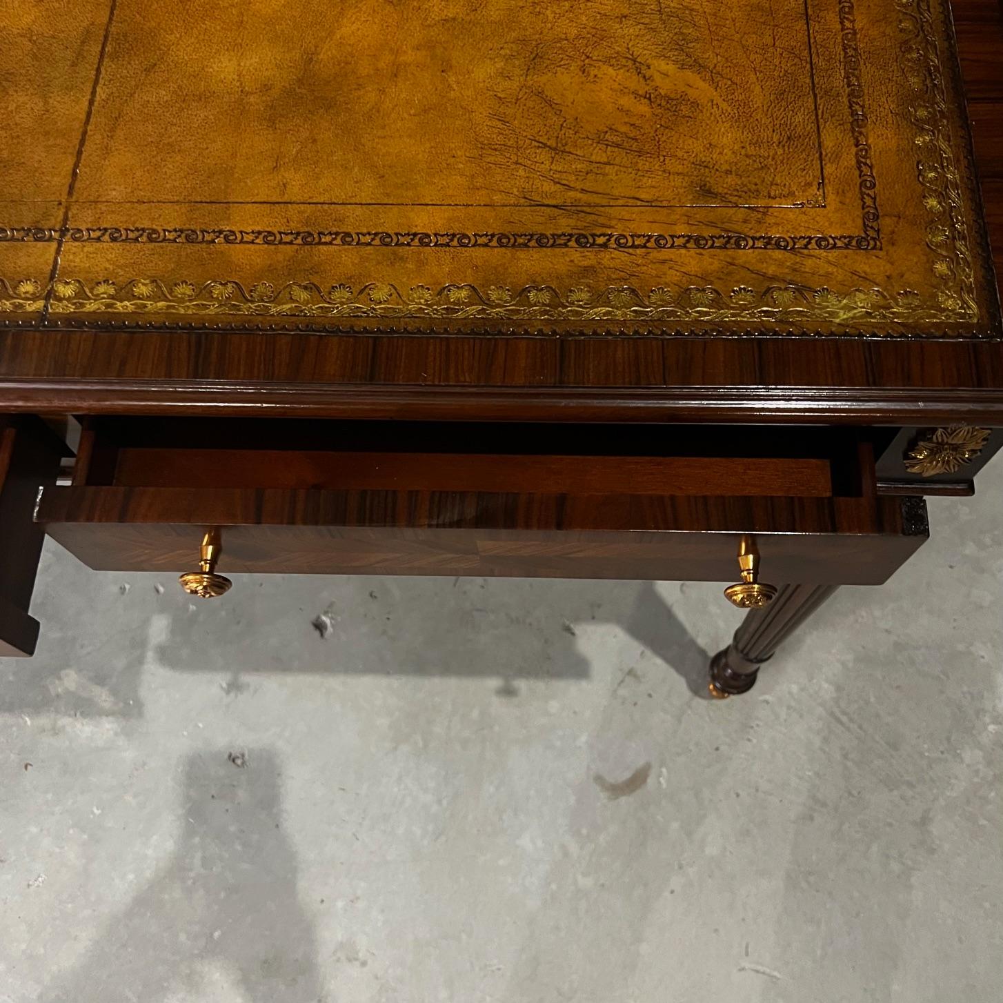 American Mahogany Three Drawer Embossed Leather Top Writing Desk by Maitland Smith