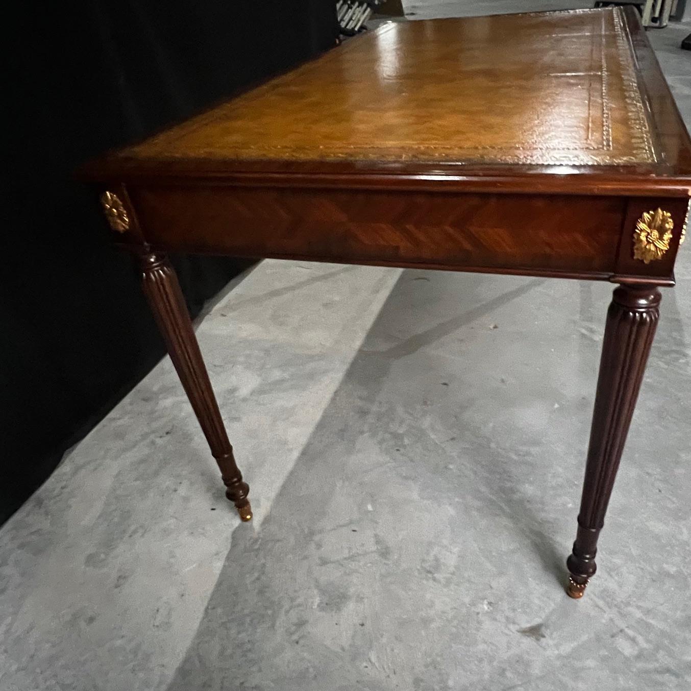 Mahogany Three Drawer Embossed Leather Top Writing Desk by Maitland Smith In Good Condition In Hopewell, NJ