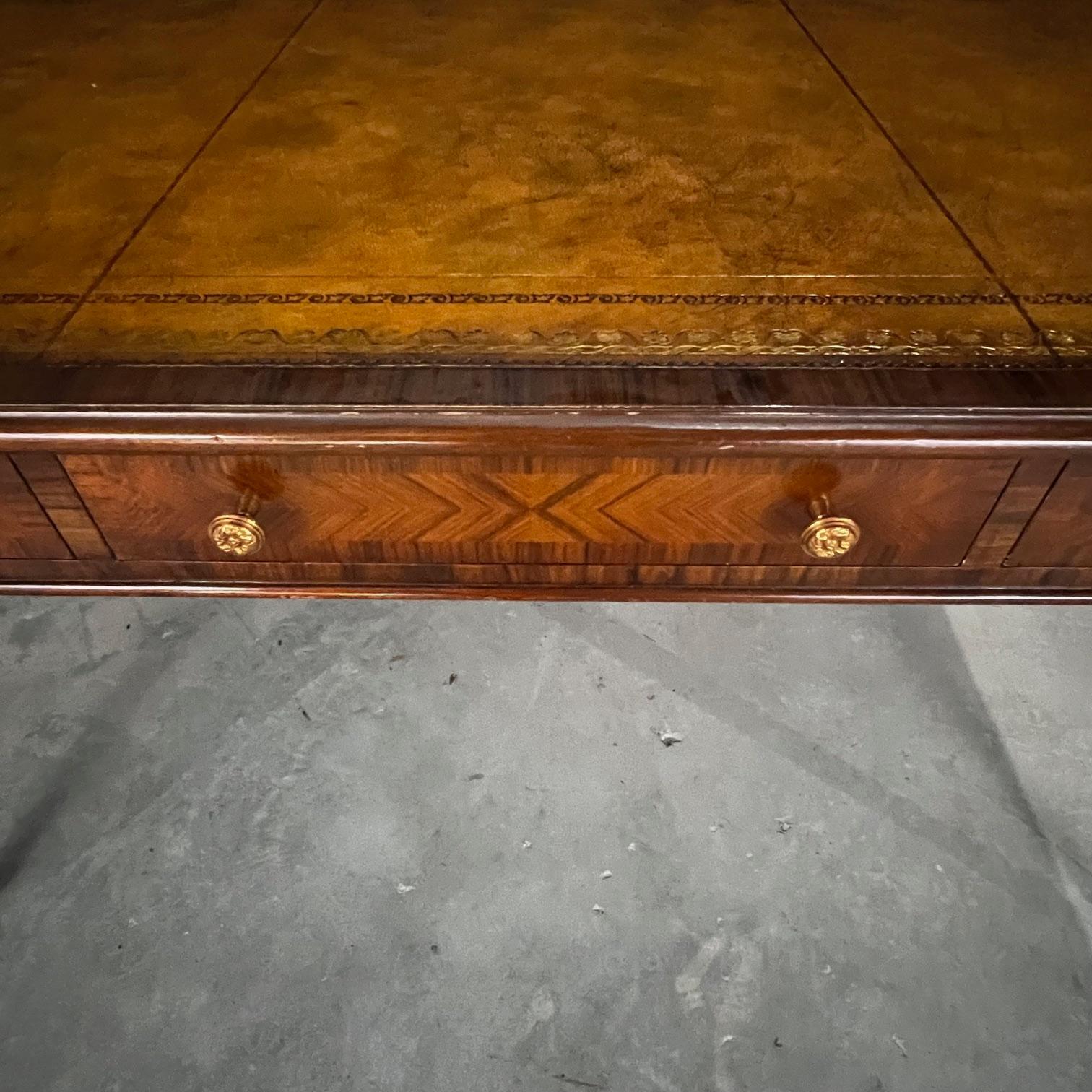 Mahogany Three Drawer Embossed Leather Top Writing Desk by Maitland Smith 1