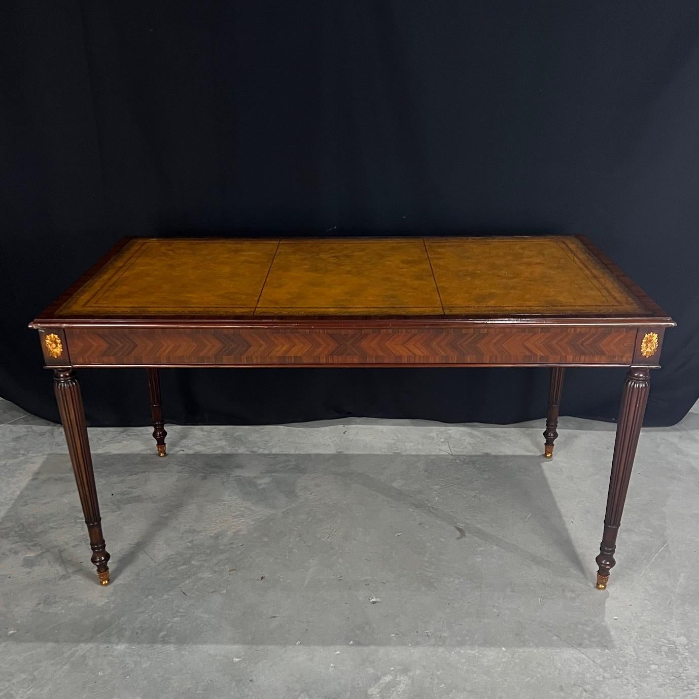 Mahogany Three Drawer Embossed Leather Top Writing Desk by Maitland Smith 3