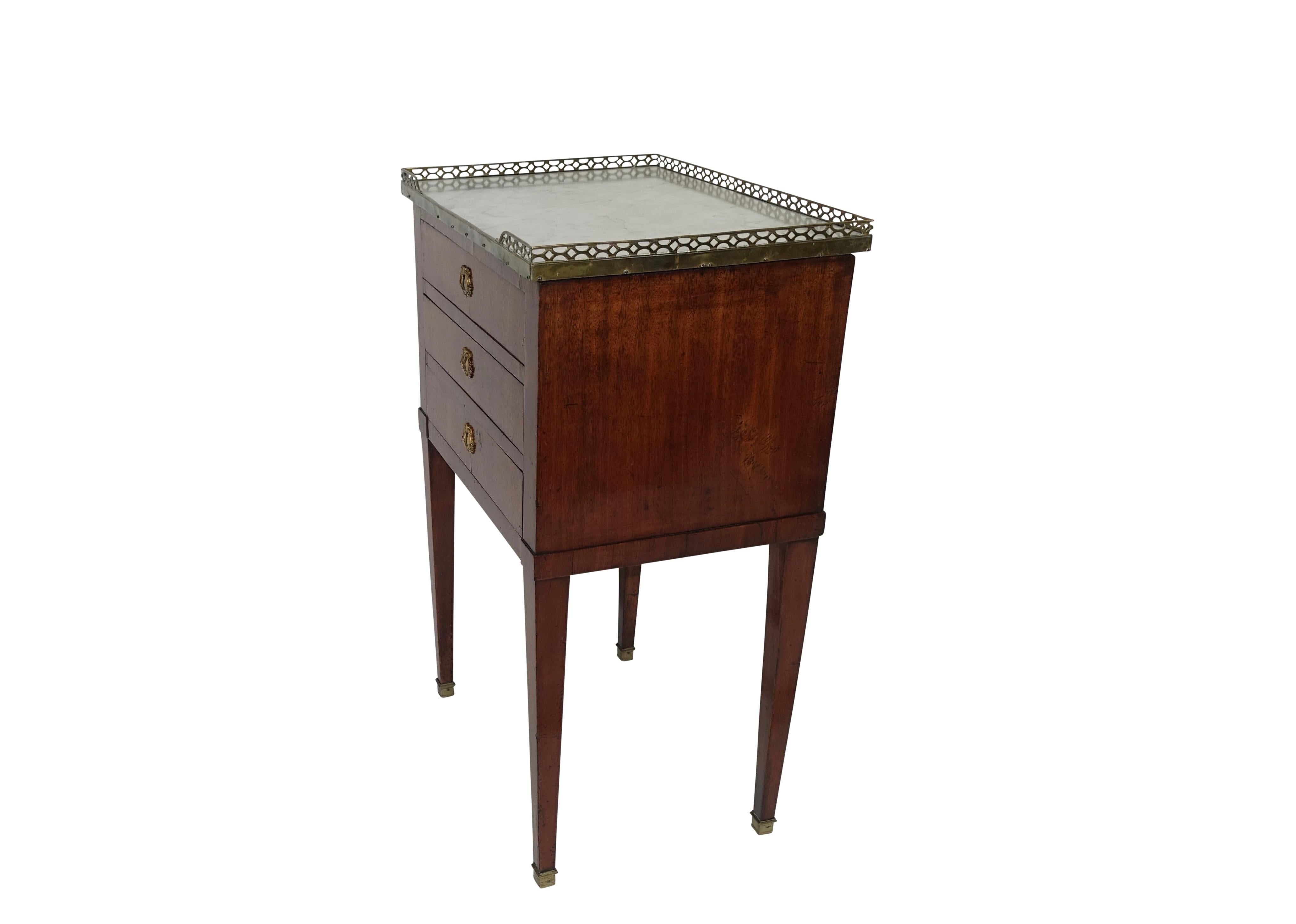 Brass Mahogany Three Drawer Side Table with Marble Top, French 19th Century