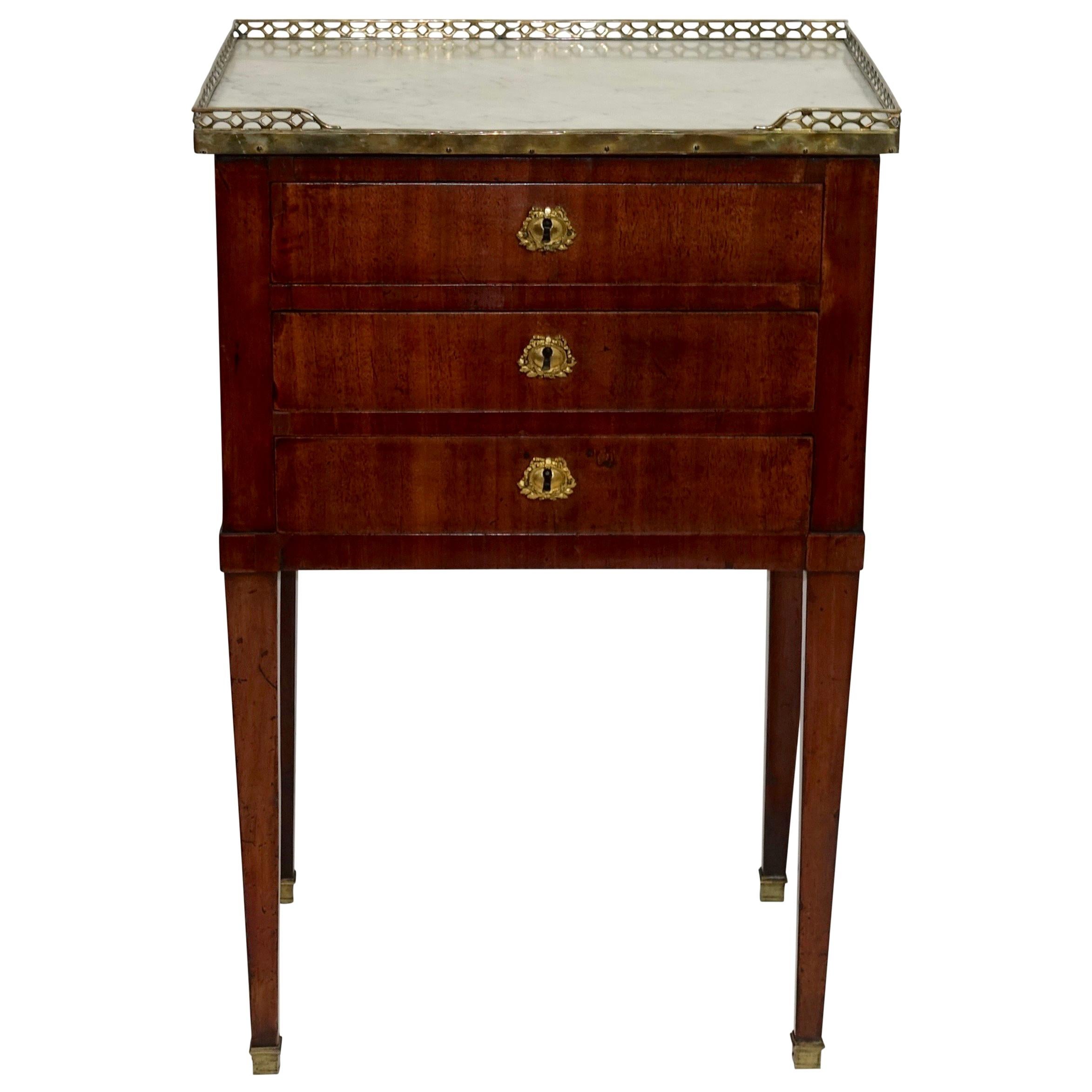 Mahogany Three Drawer Side Table with Marble Top, French 19th Century