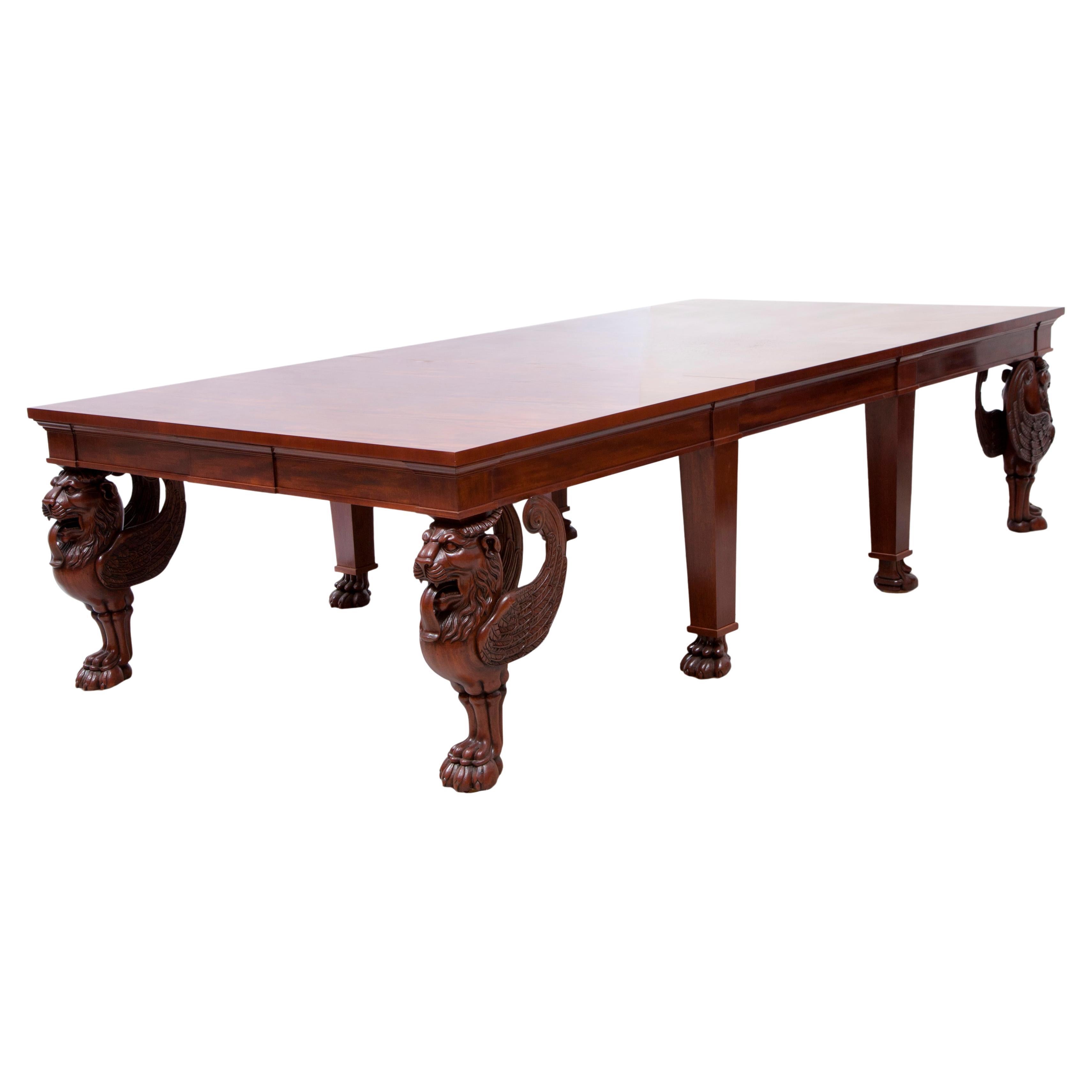 A monumental, very beautiful and dramatic, custom three part dinning table in mahogany. This Thierry Despont creation is one of only two in existence. The 1st, created for a stunning home in Palm Beach. 
This custom-made solid and veneered mahogany