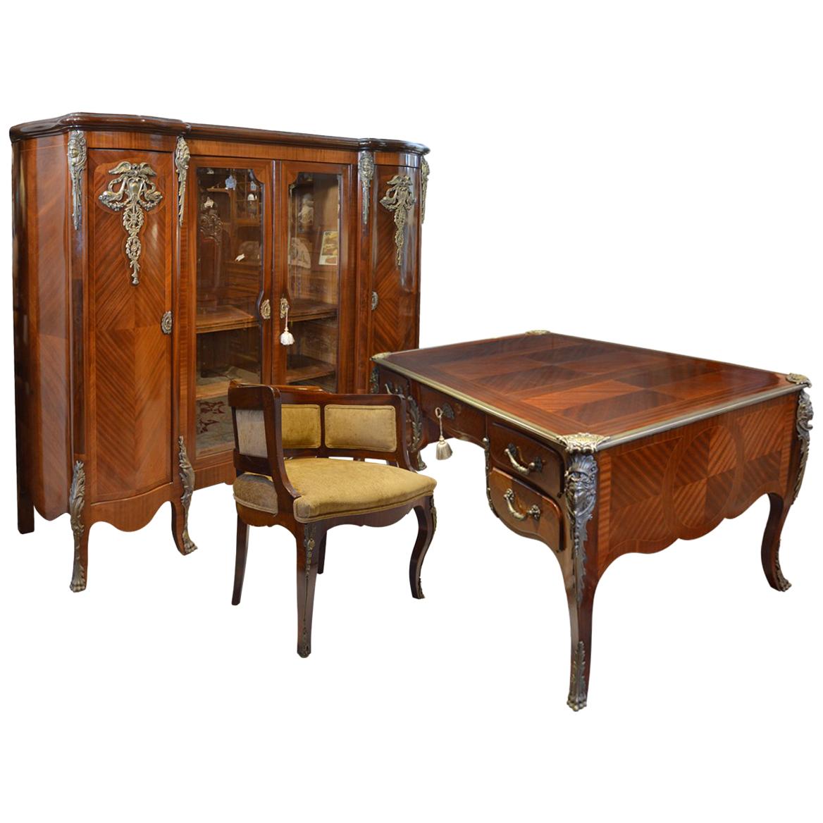Mahogany Three-Piece Library Set with Desk, Chair and Bookcase Louis XV Style For Sale