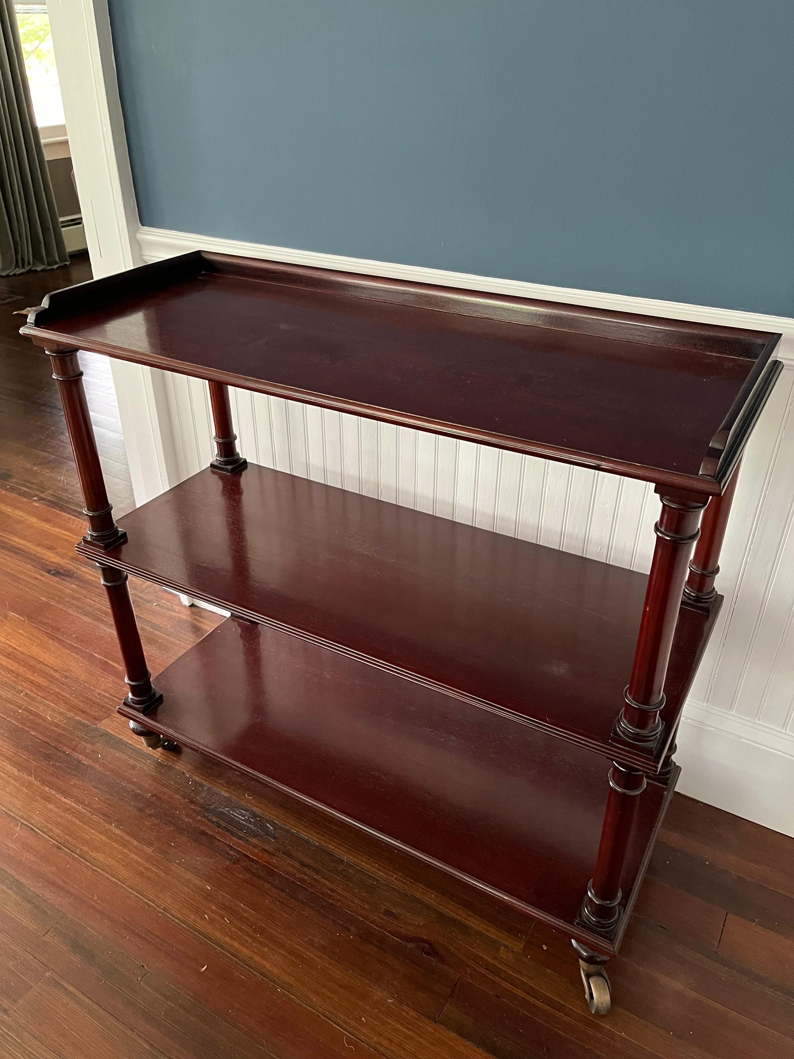 Mahogany Tiered bar cart
A nice looking reproduction with two tiers on brass casters. Overall good condition, general wear to finish.

Measures: W - 39 1/4”
H - 37 3/4”
D - 15 1/2”.