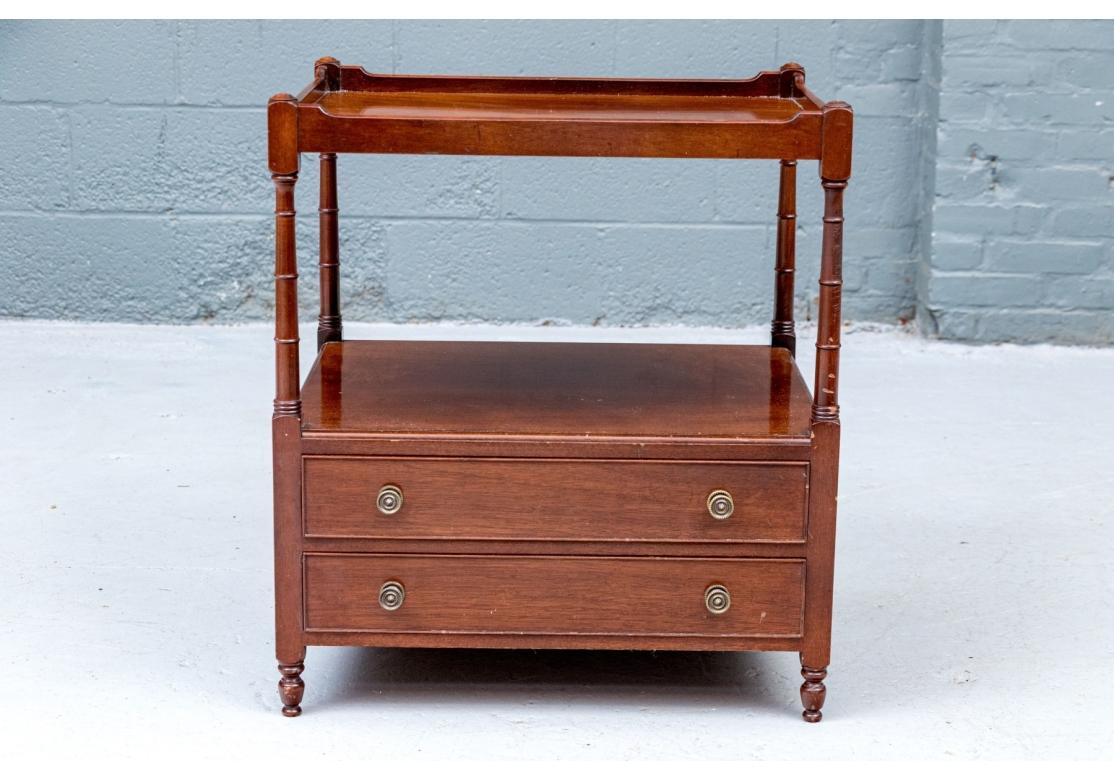 Mahogany tiered English end table with shaped gallery, two drawers with brass pulls, lower tier, turned columns and short turned feet. Attributed to Wood & Hogan.

Dimensions:  22 3/4
