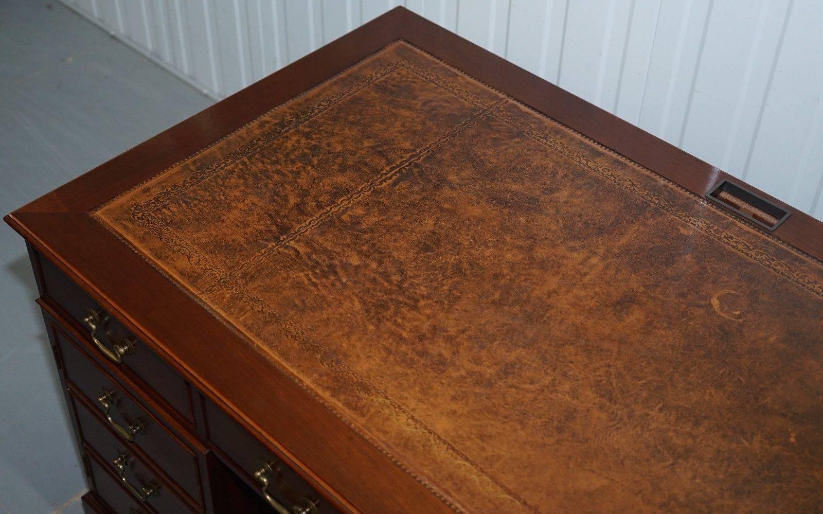 Regency Hardwood Twin Pedestal Partner Desk Leather Top Designed to House Computer For Sale